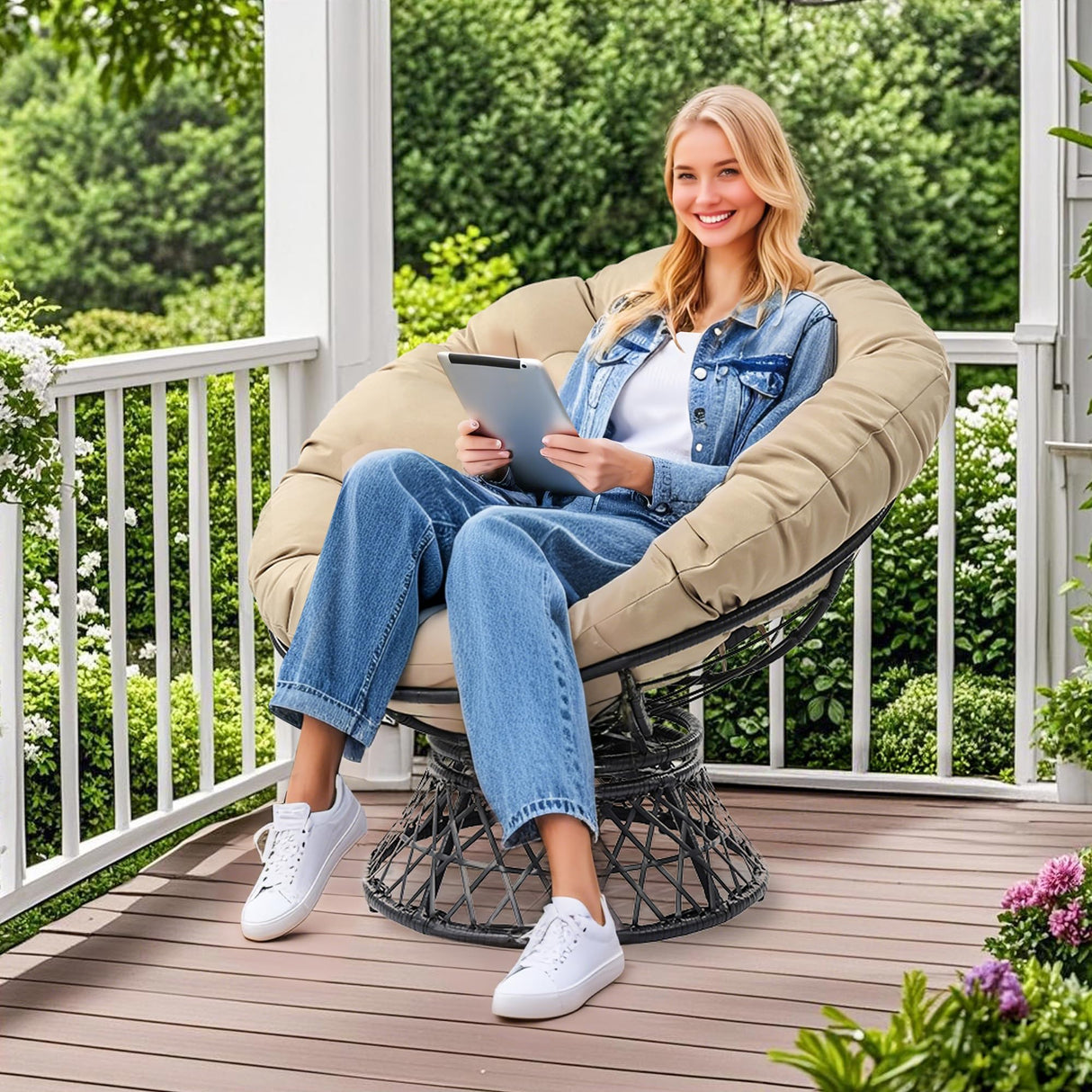 Hubhalsun 360° Swivel Papasan Chair - 350lbs Capacity Indoor/Outdoor Wicker Lounge Chair with Thick Cushion, Modern Accent Chair for Living Room, Bedroom, Patio Hubhalsun