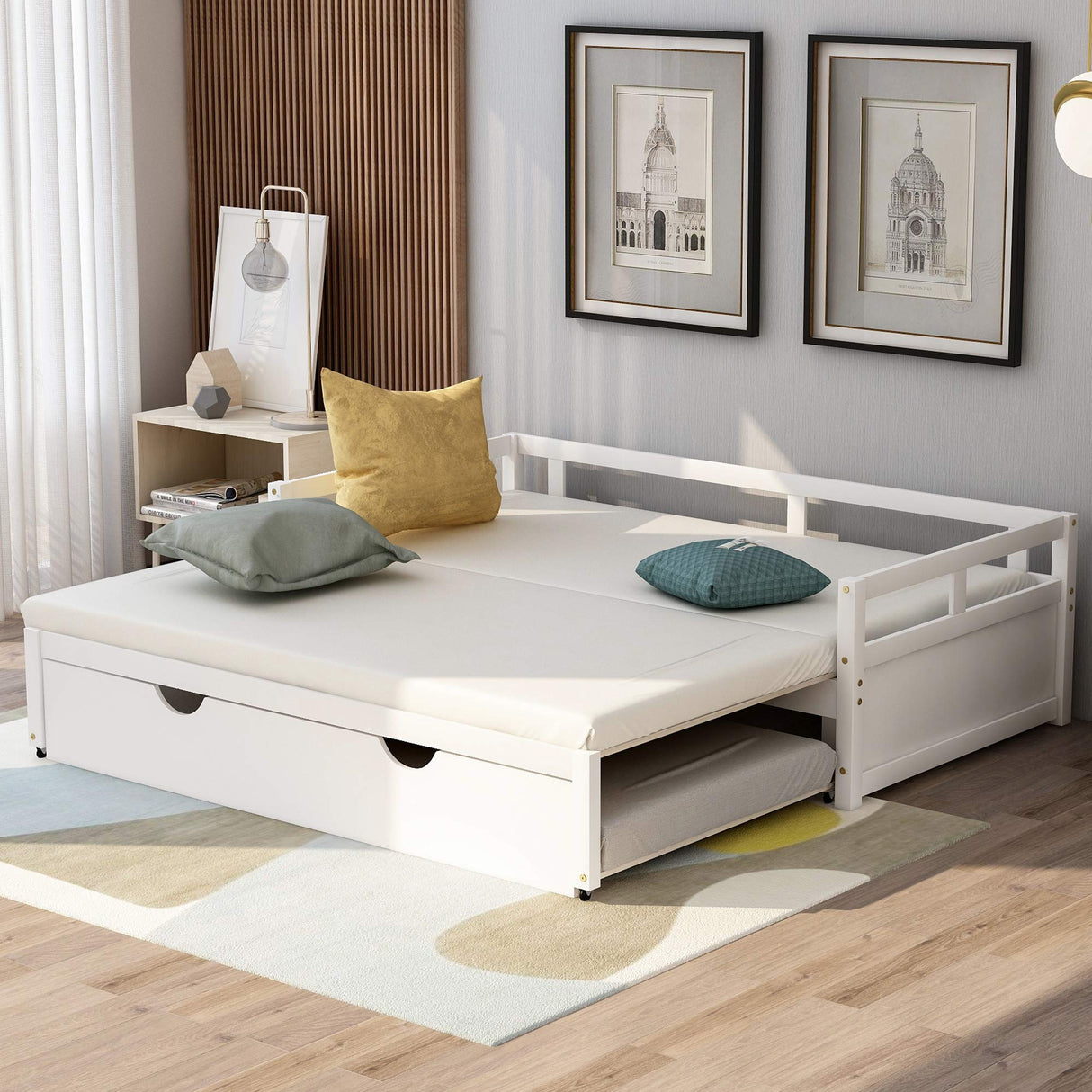 Extendable Daybed with Trundle Beds, Wood Daybed Frame with Pull Out Trundle, Twin to King Design Extending Daybed for Kids Girls Boys Teens Adults, No Box Spring Required, White Bellemave