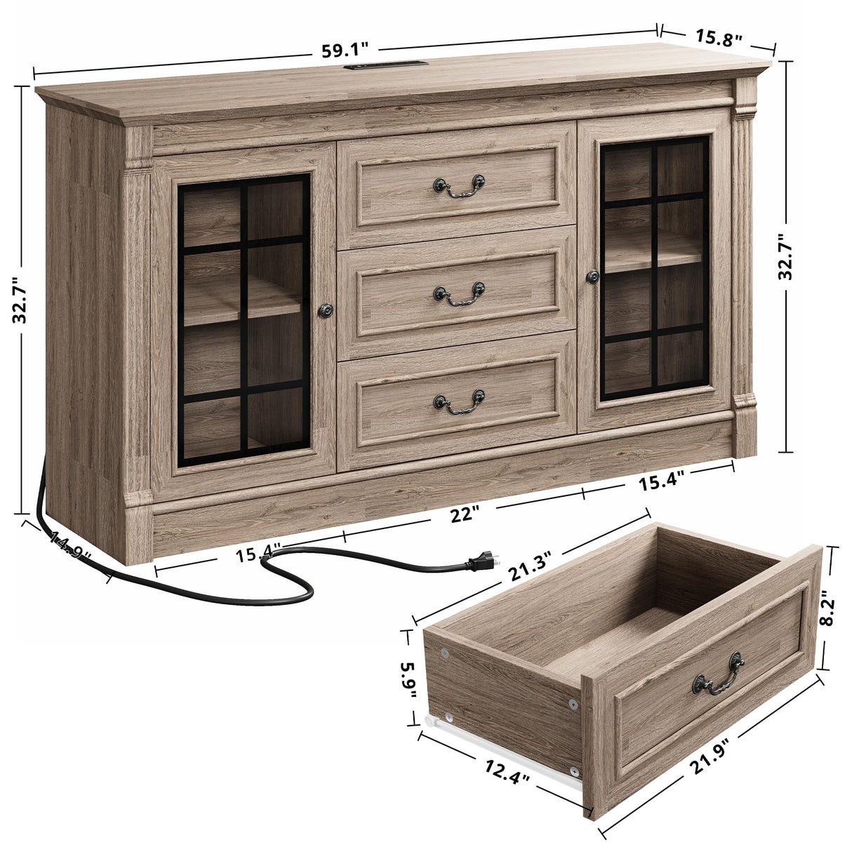IRONCK Farmhouse TV Stand for 65 Inch TV with Outlets, 59" Entertainment Center with 3 Drawers and 2 Storage Cabinet, Glass Doors and Adjustable Shelf, Console Tables for Living Room, Light Rustic Oak IRONCK