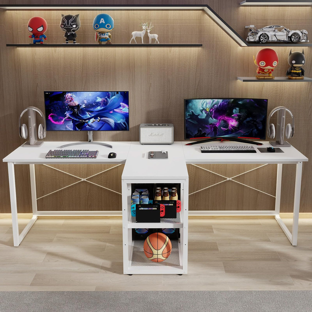 Natwind Two Person Desk with Storage Shelves, 92.5" Double Computer Desk with PC case Stand for Home Office, Home Craft Table Workstation, Heat Press Table, Long Gaming Desk,White Natwind