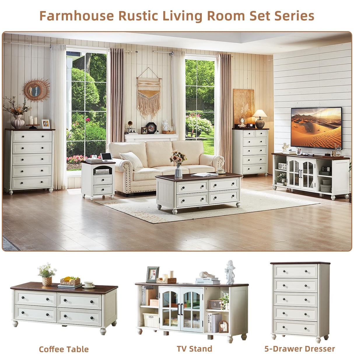 RWYHG 48" Farmhouse Coffee Table with Hidden Storage,Wooden Coffee Tables with 4 Drawers & Roman Column Handle,Rectangular Rustic Center Table with Solid Wood Curved Base for Living Room,Office,White RWYHG