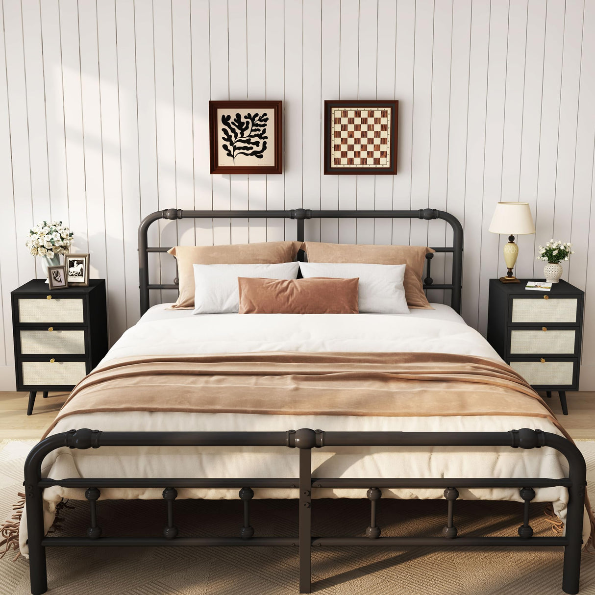 PHOYAL Rattan Nightstand Set of 2, End Table Rattan Bedside Table with Storage 3-Drawer Side Table with 3 Hand Made Rattan Decorated Drawers Wood Accent Table, Black 2 Pack PHOYAL