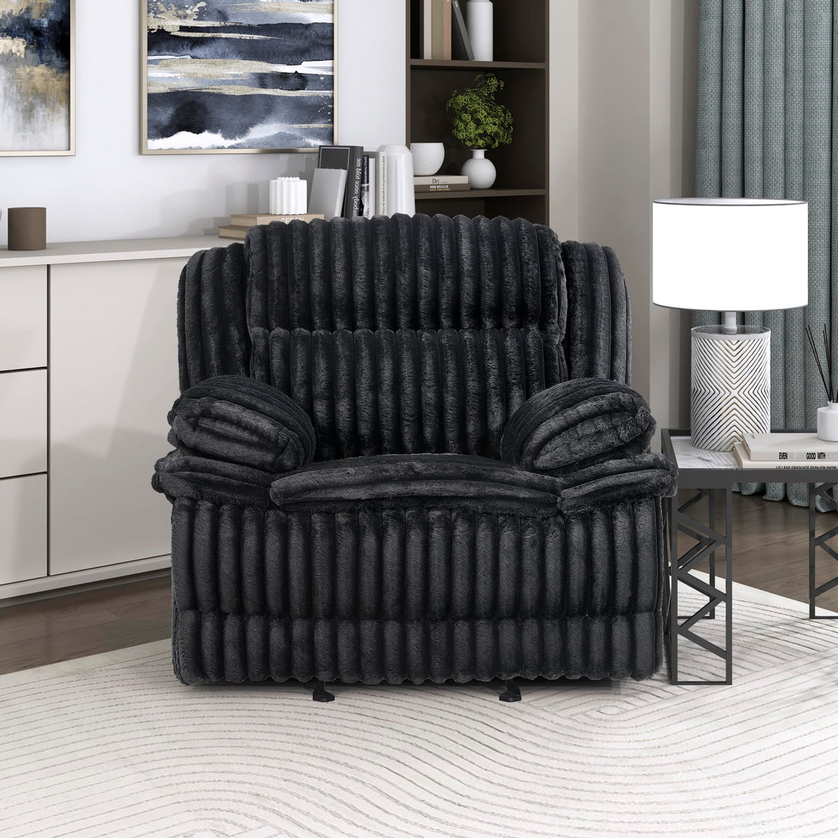 Lexicon Manual Glider Recliner Chair, Corduroy Manual Tab Pull Reclining Chair with Pillow Top Arms, Plush Cushions, Cozy Theater-Style Accent for Living Room/Bedroom, Easy Assembly, Black Lexicon