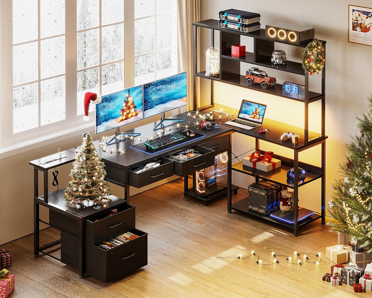 AODK 71 inch L Shaped Desk with File Drawers, Reversible L Shaped Gaming Desk with Power Outlets & LED Lights, Computer Desk with Storage Shelves for Home Office, Black AODK