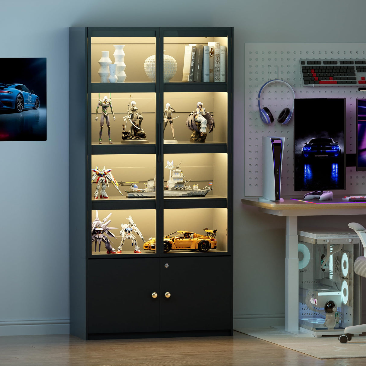 PAKASEPT Display Cabinet with 3 Color Light, 5 Tier Display Case with Glass Doors, 65" Curio Cabinets Display Shelf for Collectibles, Bookcase Bookshelf Display Case Cabinet for Bedroom, Living Room PAKASEPT