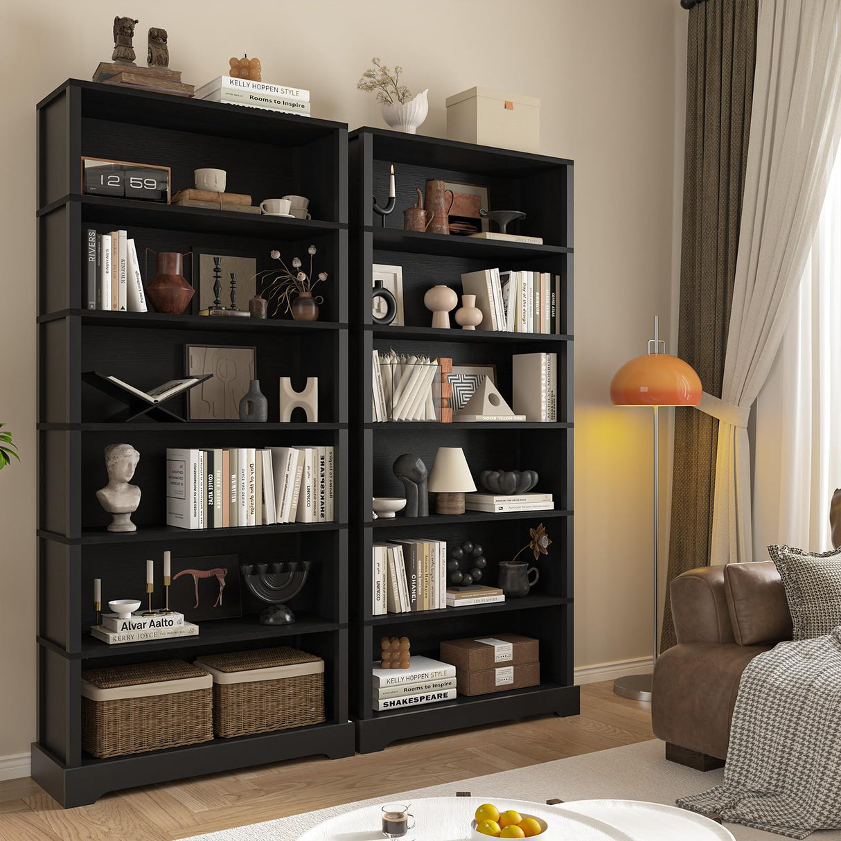 TVU 6-Tier Wooden Bookshelf, 77.2" Tall Farmhouse Style Open Bookcase, 31.5" W Standing Book Shelf with Storage, Suitable for Study, Living Room, Office, Blcak TVU