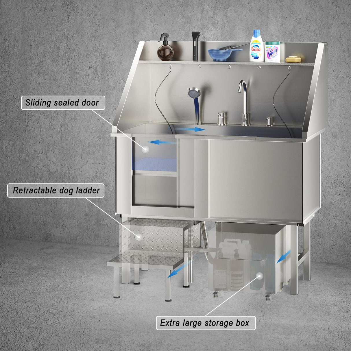 ROOMTEC 304 Stainless Steel Dog Washing Station, 50 Inch Professional Dog Grooming Tub, Pet Bathtub with Sink, Storage Drawer,Ladder ROOMTEC