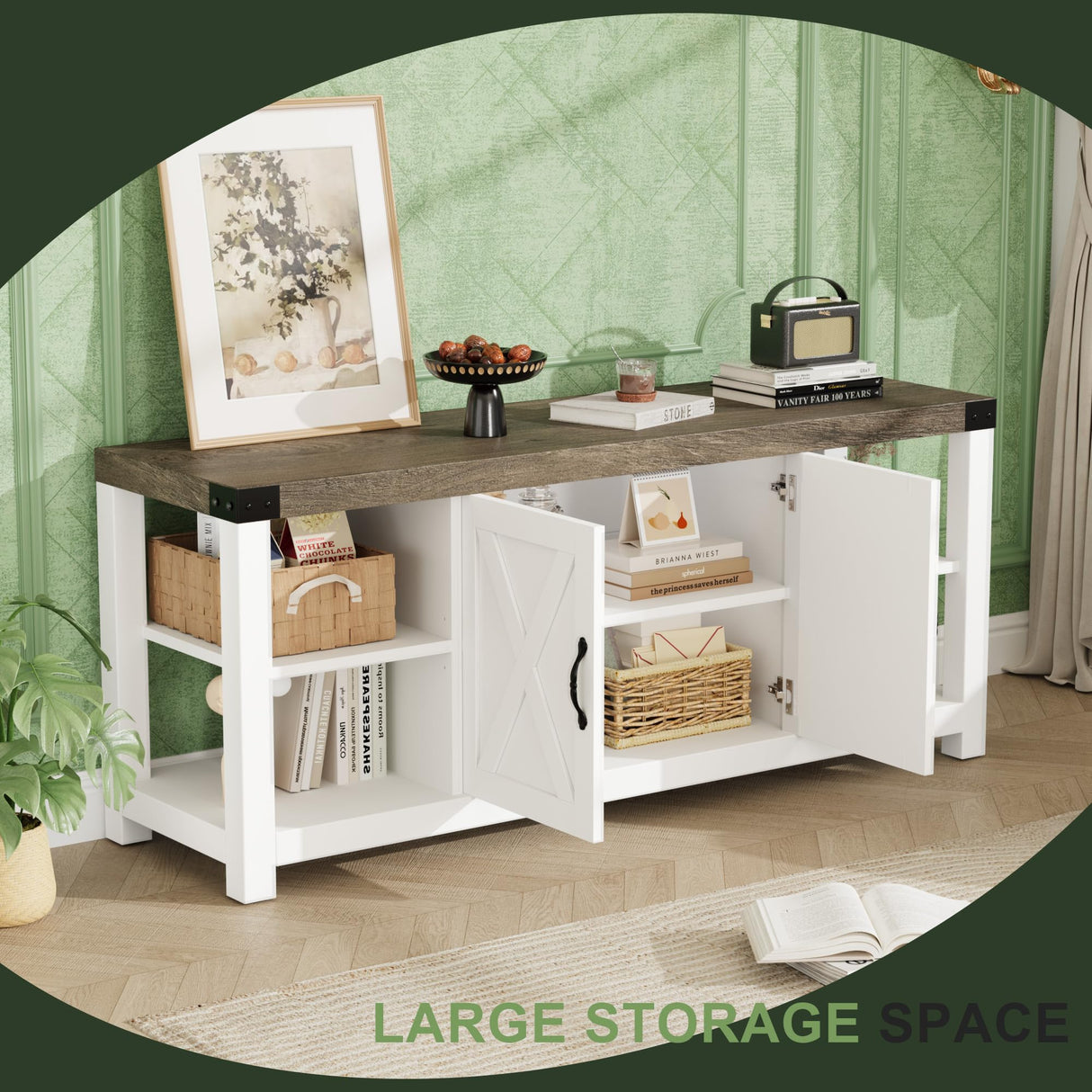 TV Stand for 65 Inch TV, 60 Inch Entertainment Center with Storage, Farmhouse TV Console Table with Shelves, Wooden Media Console Cabinet with Doors, Modern TV Stand for Living Room, Bedroom - White IDEALHOUSE