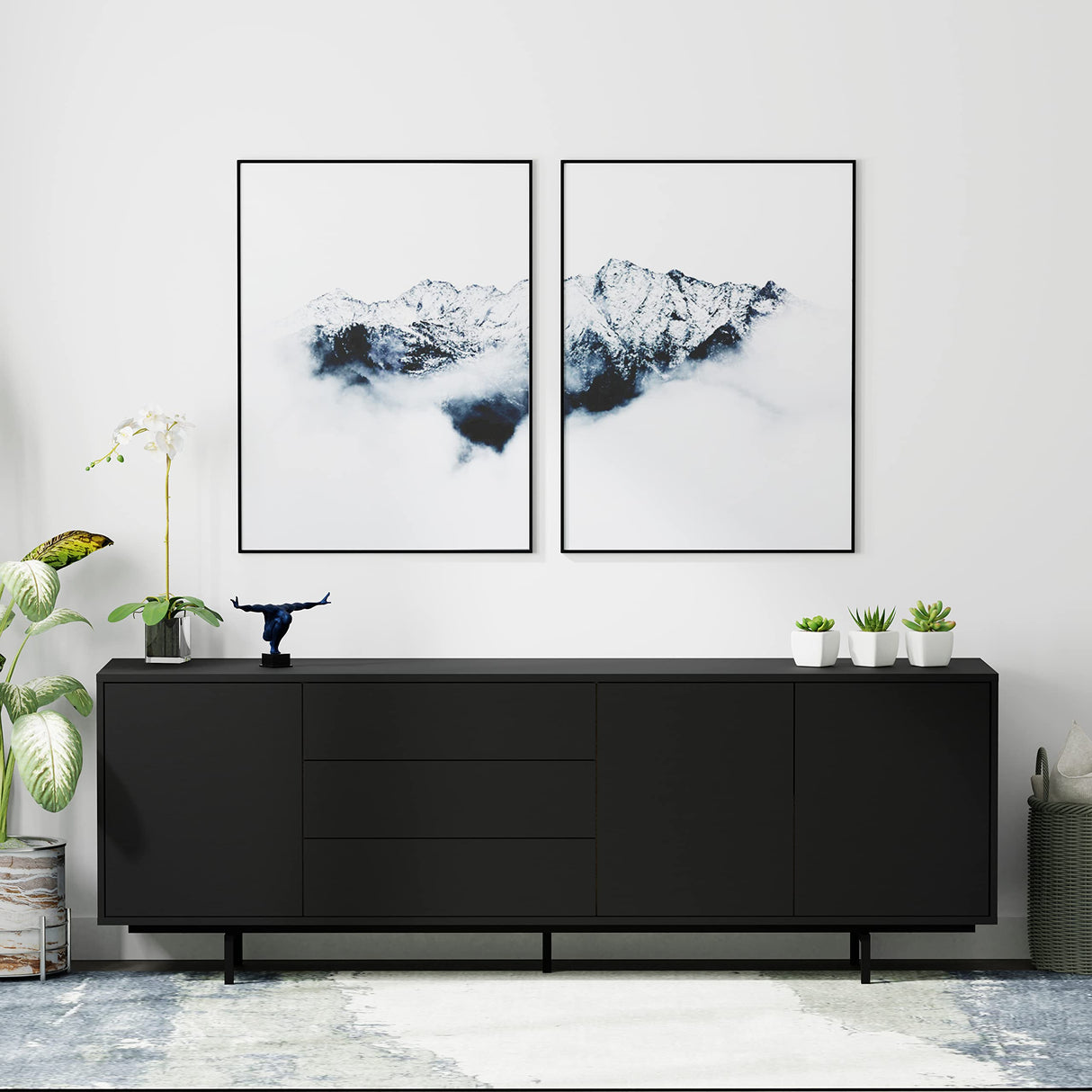Glenwillow Home Atlas 78" x 28" Highboy Modern TV Stand Cabinet and Sideboard - Black Frame, Black Door/Drawers, Black Base Glenwillow Home