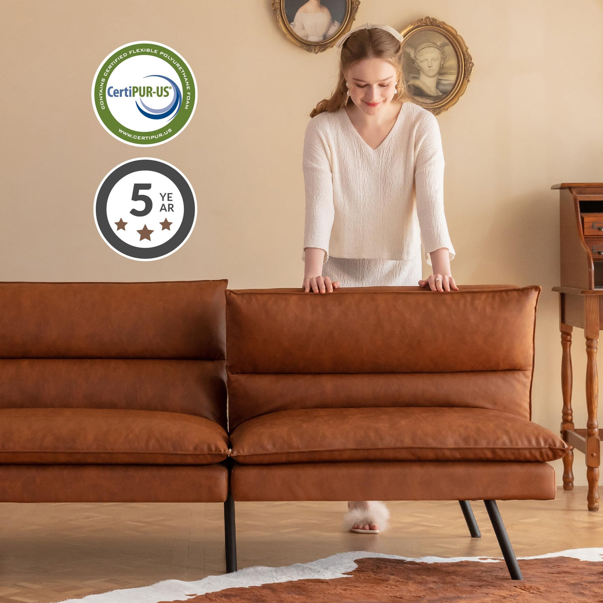 Futon Sofa Bed, Memory Foam Futon Couch with Adjustable Backrest, Multi-Functional Design Convertible Sofa Bed, Space-Saving Sleeper Sofa for Living Room(New Brown) MLILY