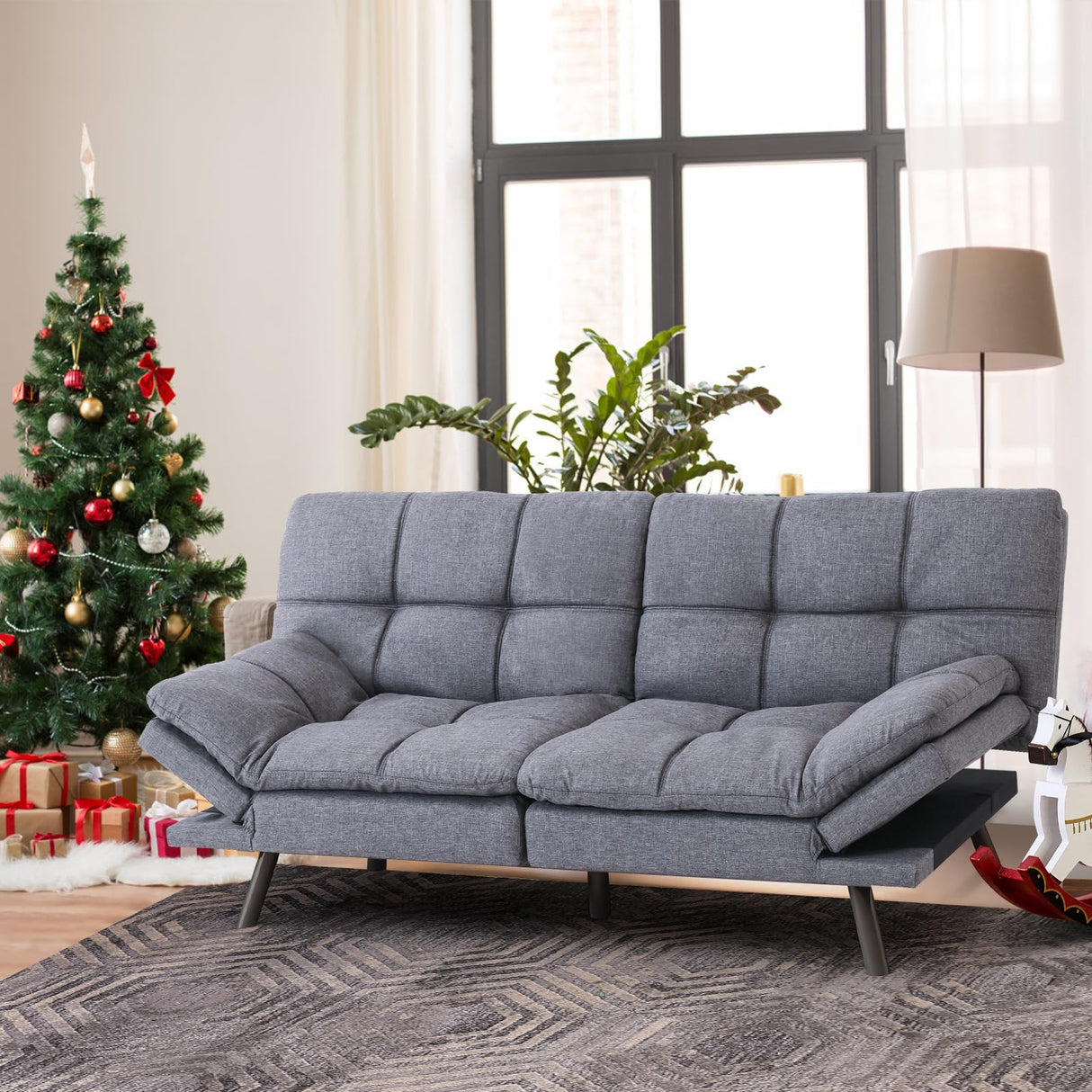 Opoiar Fabric Futon Sofa Bed, Memory Foam Couch Convertible Loveseat, Sleeper Sofa Modern Futon Sets for Small Apartments, Compact Living Space, Office (Grey) Erdoru