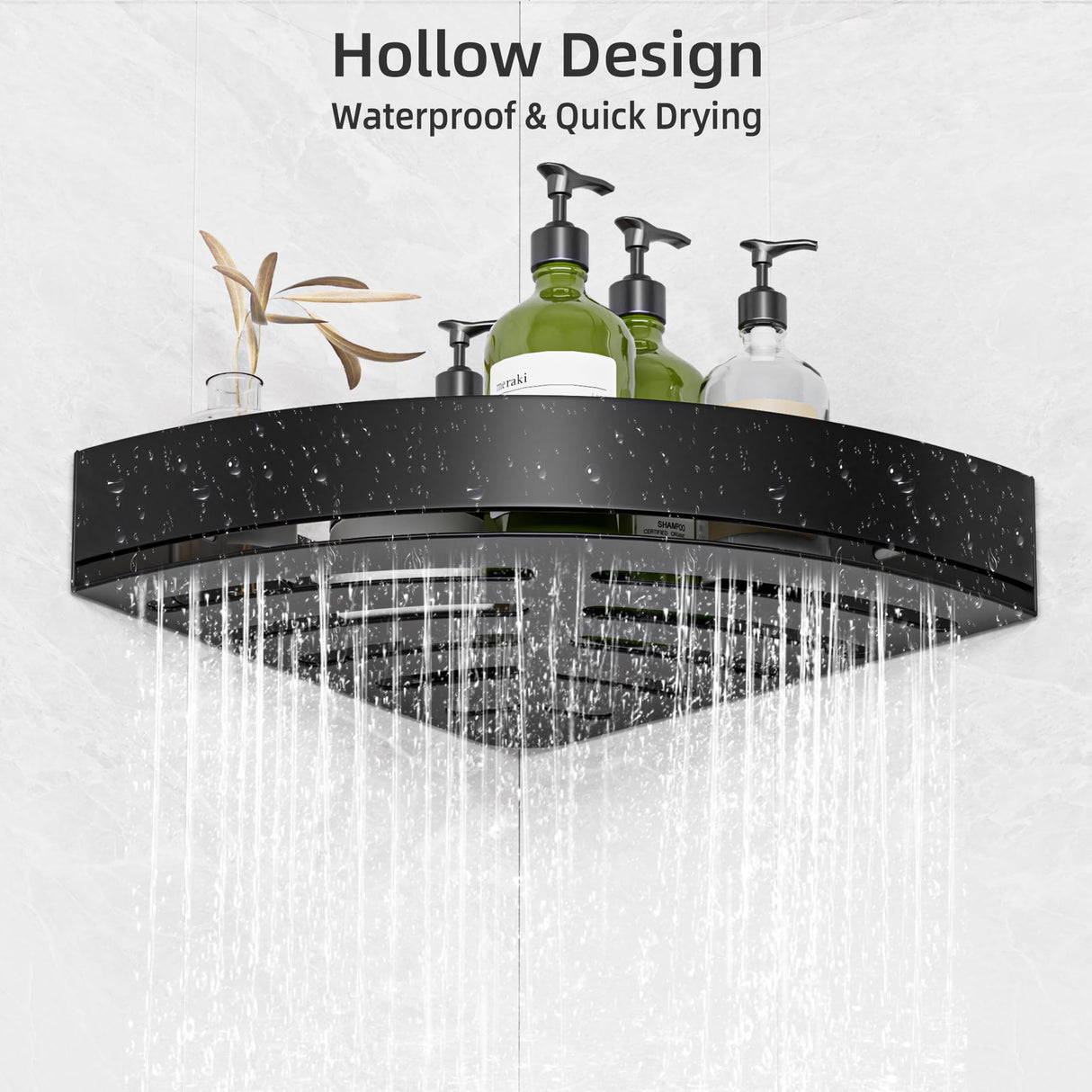 Wisfame Black Corner Shower Caddy - Rustproof Aluminium Triangle Shower Shelf - No Drill & Drill Installation - 2 Bathroom Shelves Wall Mounted (20LB Capacity/Tier) Wisfame