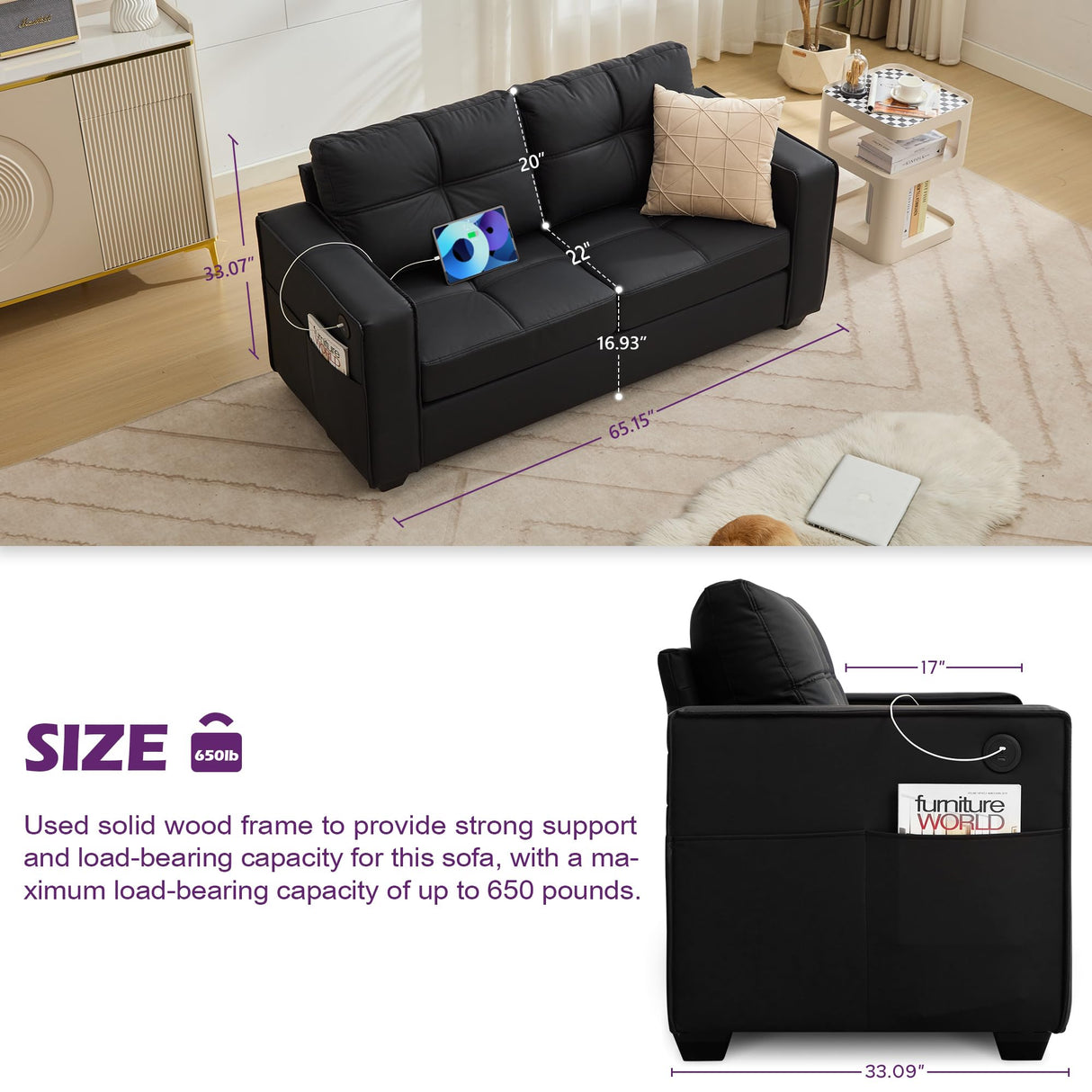 TYBOATLE Black Faux Leather Sofa Couch Sectional Couches for Living Room, 3 Piece Living Room Set Furniture Comfy Modular Convertible Sofas, Home Office Sofa Set for Apartment Small Space (1+2+3) TYBOATLE