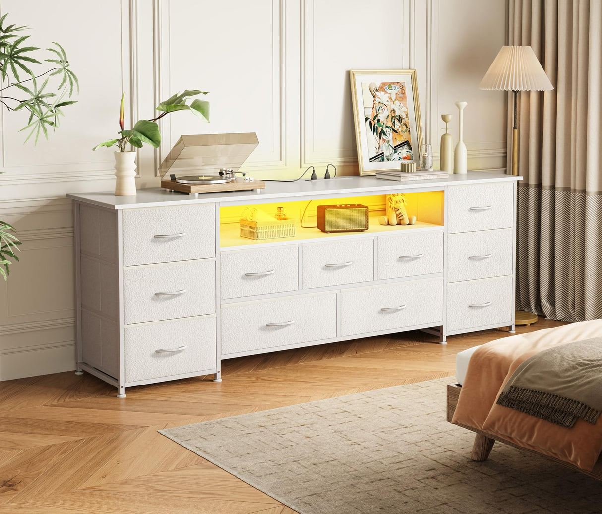 Huuger 63 Inch TV Stand for 65, 70 Inch TV, 11 Drawer Long Dresser with Power Outlets and LED Lights, Entertainment Center with Storage, White Dresser with PU Leather Surface Huuger