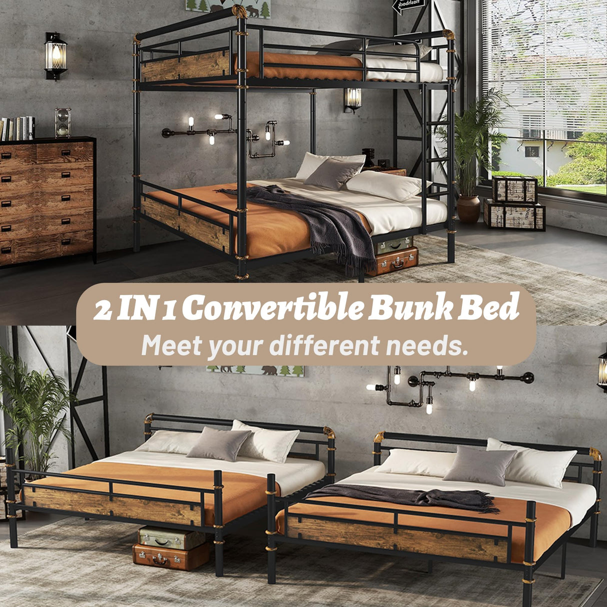 OYUMOENTS Queen Over Queen Bunk Bed, Convertible Bunk Bed for Teens & Adults, Metal Bed Frame with Safety Rails and Ladders for Apartments, Bedroom, Space-Saving,Noise Reduced, Black OYUMOENTS