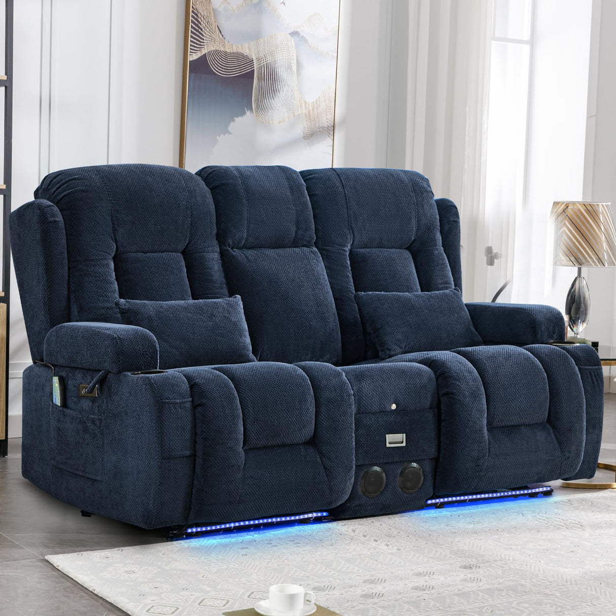 IPKIG Power Loveseat Recliner Sofa with Flip-Up Backrest Console, Drawer, AC Outlet, LED Light, Bluetooth Speakers, Wall Hugger Recliners for Living Room, RV, Home Theater (Navy Blue, Loveseat) IPKIG
