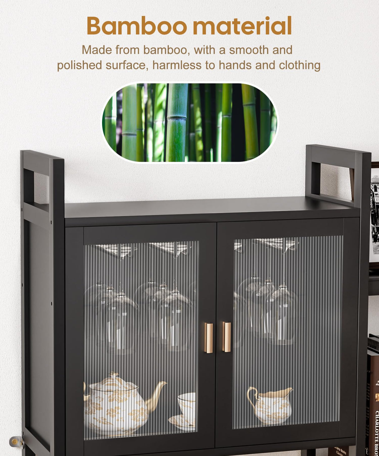 Cozivolife Wine Rack Freestanding Floor,Liquor Bottles Display Organizer with Doors Glass Holder,4 Tiers for Alcohol Accessories Storage and Side 4-Layer Shelves (Black) Cozivolife