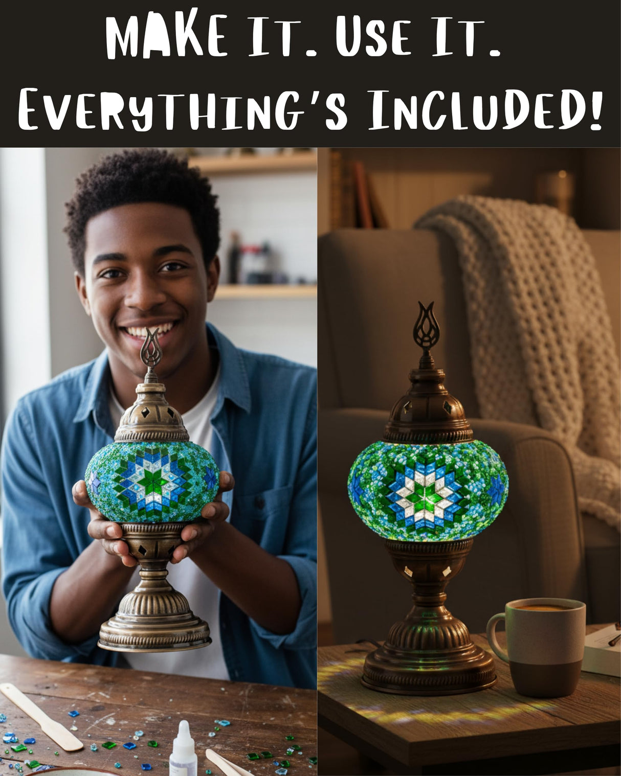 DEMMEX DIY Turkish Moroccan Mosaic Lamp Making Kit – No Grout – Fun, Easy, No Experience Required – Complete Mosaic Art & Craft Project Kit for Adults & Teens – Make Your Own Table Lamp (Turquoise) DEMMEX