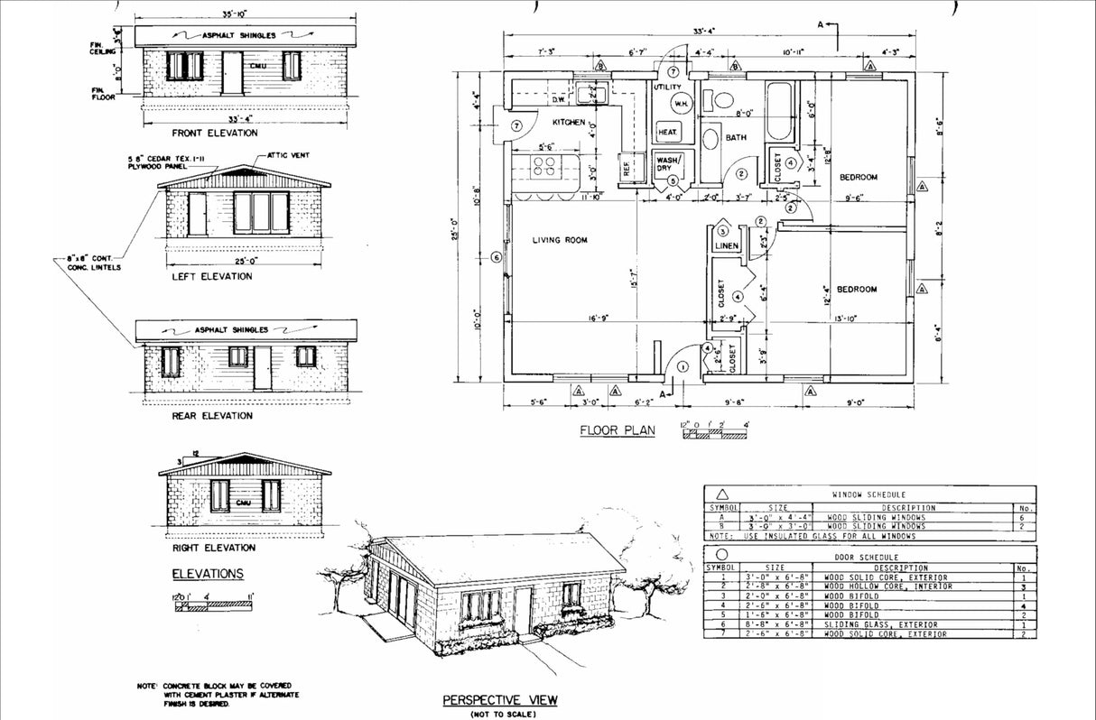 Tiny Home Plans 25’x33’ – 825 sqft Two Bedroom Bungalow Cabin – Building Blueprint with Floor Plan, Elevations, and More Generic