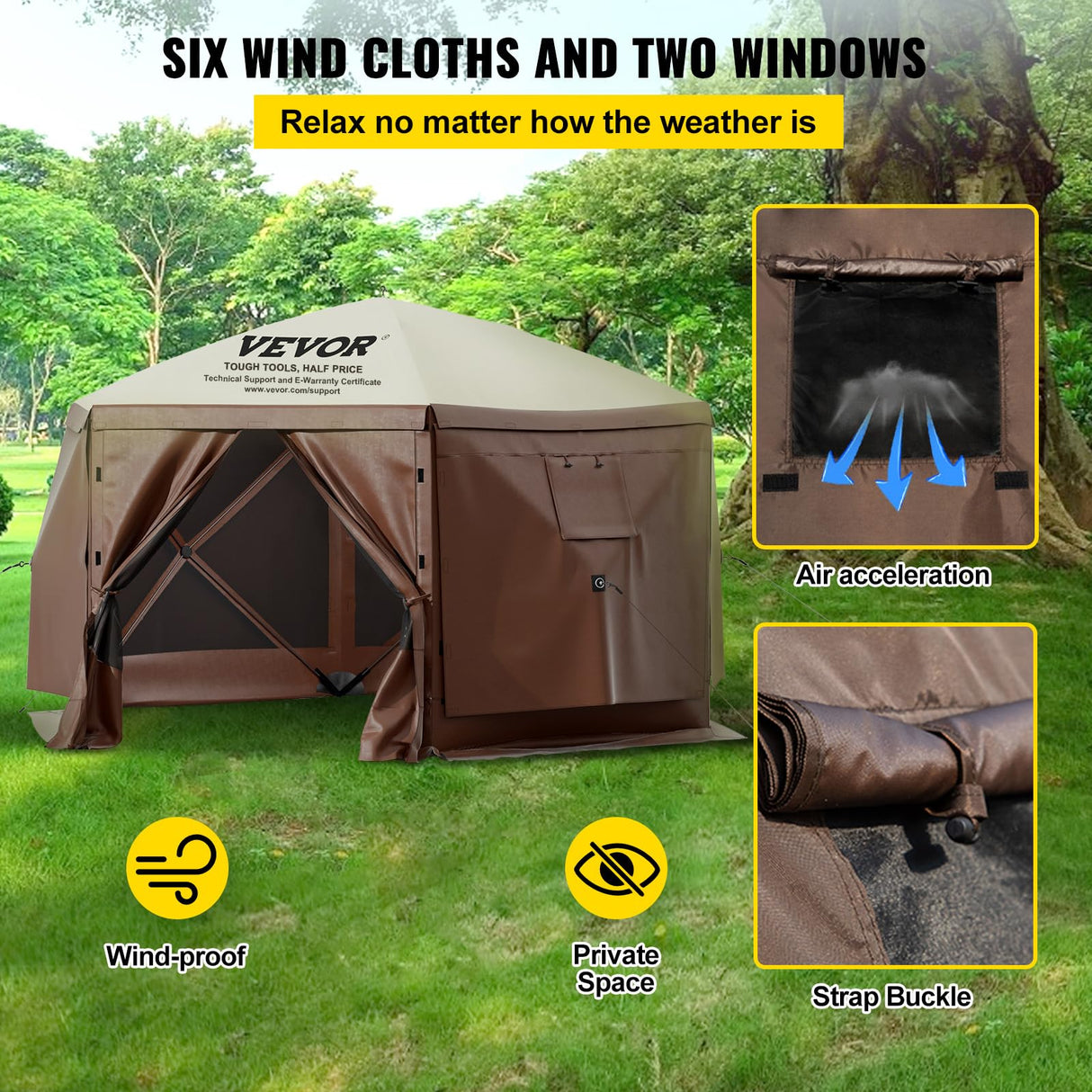 VEVOR Camping Gazebo Screen Tent, 10 * 10ft, 6 Sided Pop-up Canopy Shelter Tent with Mesh Windows, Portable Carry Bag, Stakes, Large Shade Tents for Outdoor Camping, Lawn and Backyard VEVOR