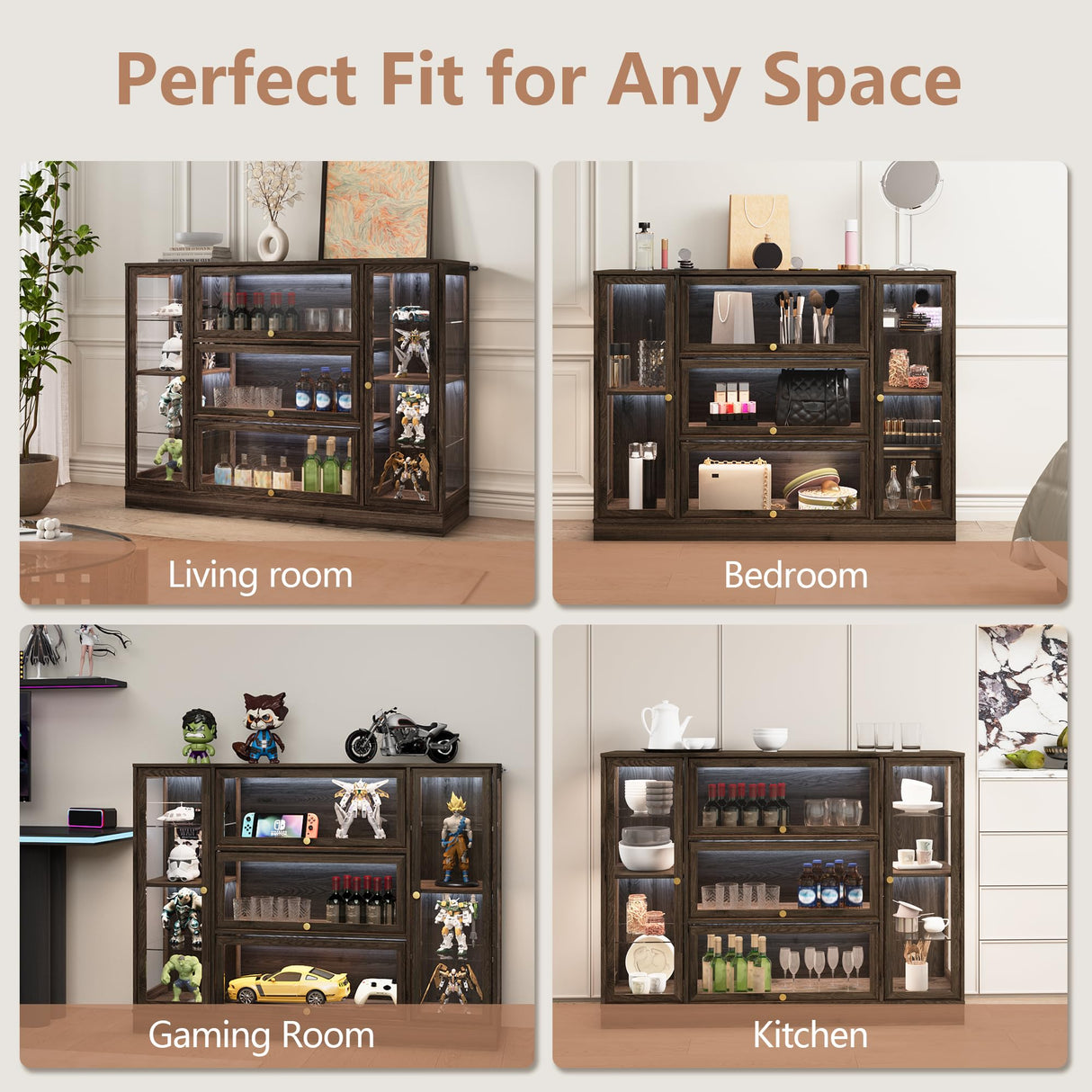 BONITURE Display Cabinet with Acrylic Glass Doors,Extra Wide Curio Cabinet with LED Lighting for Collectibles, Collectibles Toy Organizers Rack & Display Shelf Display Case, Walnut BONITURE