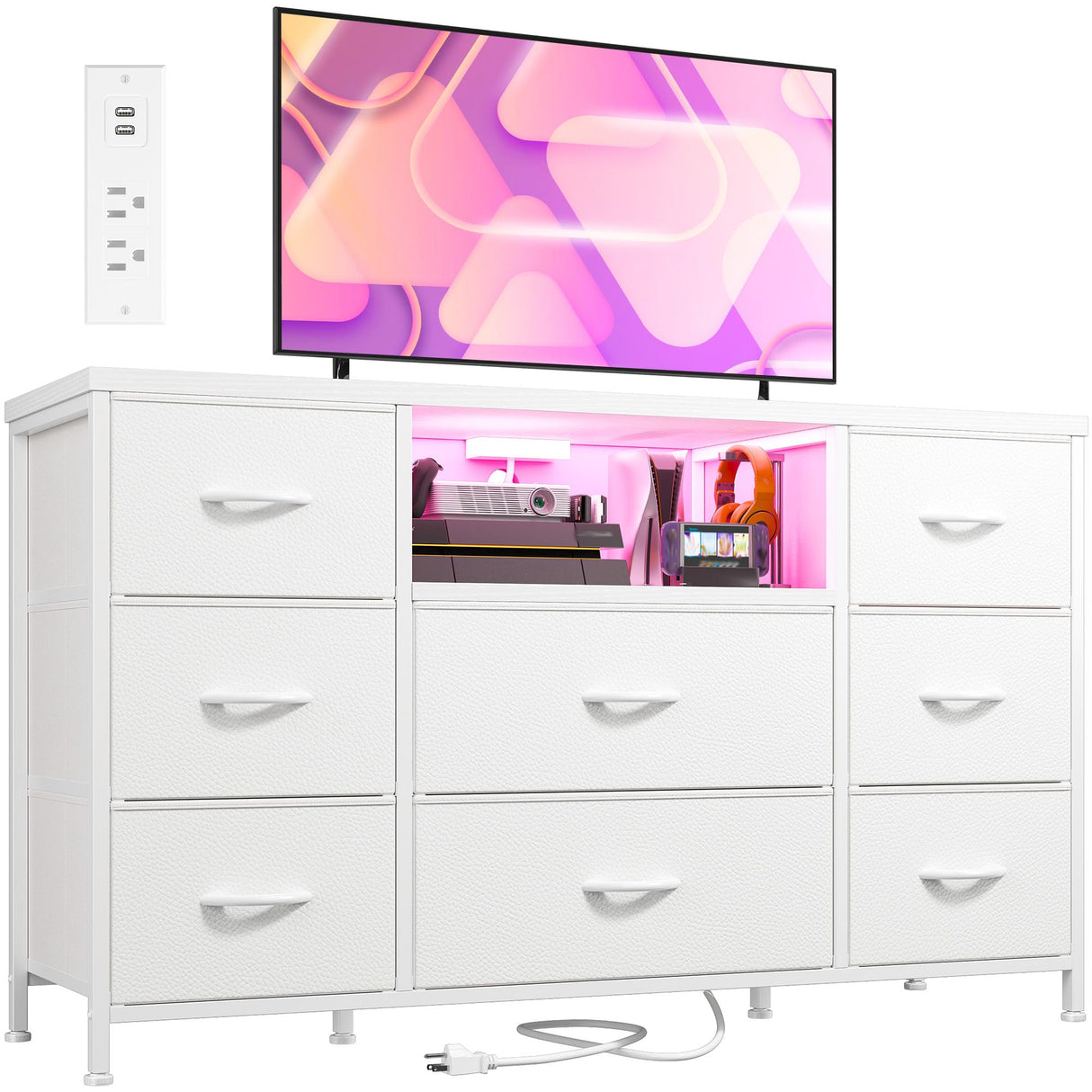 White Dresser TV Stand for 55'' with LED Lights & Charging Station, Dresser for Bedroom with 8 Drawer, Chest of Drawers with Open Shelves, 6 Adjustable Feet, Hallway, Entryway EnHomee