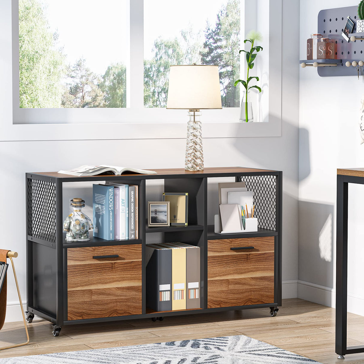 Tribesigns 2 Drawer Wood File Cabinets, Modern Mobile Lateral Filing Cabinet for Letter/ A4 Size, Printer Stand with Open Storage Shelves and Drawer for Home Office, Rustic Walnut Tribesigns