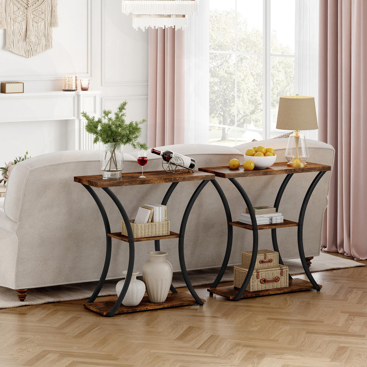 Hoctieon 3 Tier Console Table with Open Wood Shelves, Decorative Entryway Table with Curved Metal Frames, Narrow Sofa Table for Entrance, Living Room, Hallway, Rustic Brown+Black Hoctieon