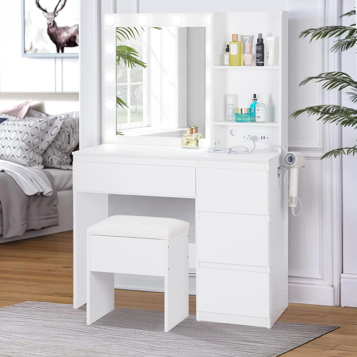 Lynxor Vanity Desk with Mirror and 12 LED Lights, Makeup Vanity Table with USB & Power Outlets, Spacious Storage Drawers, Shelves, and Cushioned Stool, Perfect for Bedroom, Hairdryer Holder, White Lynxor