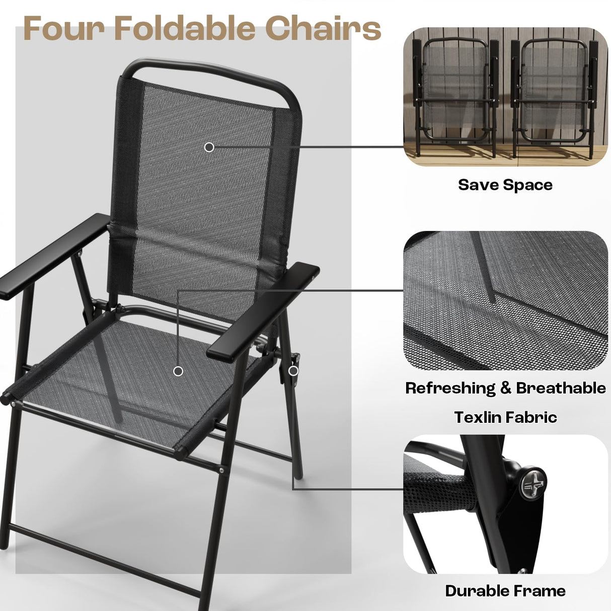 PUKAMI 6 Piece Folding Patio Dining Set with Umbrella, Outdoor Table and Chair with 4 Dining Chairs and Round Glass Table for Garden, Backyard and Deck, Black PUKAMI