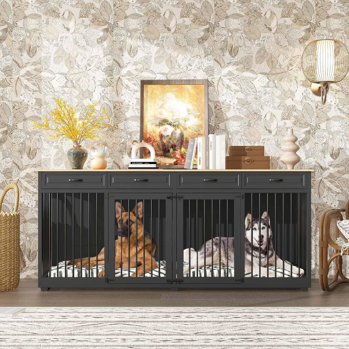 Timechee Extra Large Dog Crate, 86.6" Heavy Duty Wooden Dog Cage Furniture Dog Crate Kennel with Drawers & Removable Divider,Indoor Luxury Dog House with Double Rooms for XL L Breed Dogs, Black Timechee