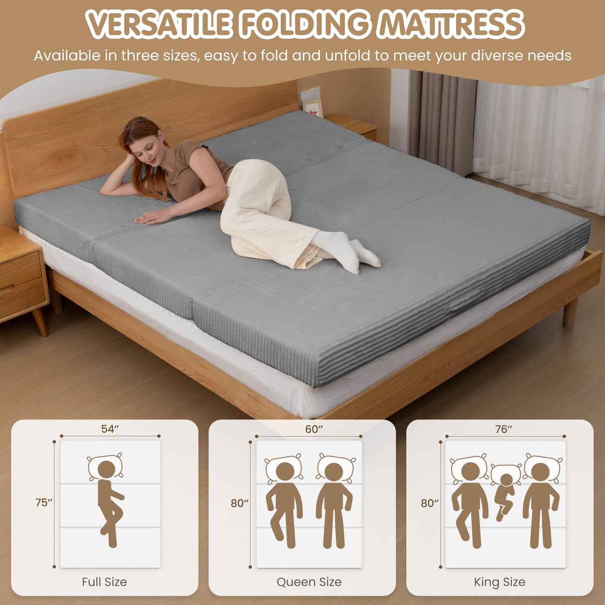 5-in-1 Convertible Sofa Bed Queen,Tri-Fold Mattress with Removable L-Shaped Armrests,Corduroy Boneless Couch Floor Sofa Futon Couch Sleeper with Pull Out Bed for Living Room Bedroom Apartment feliz home