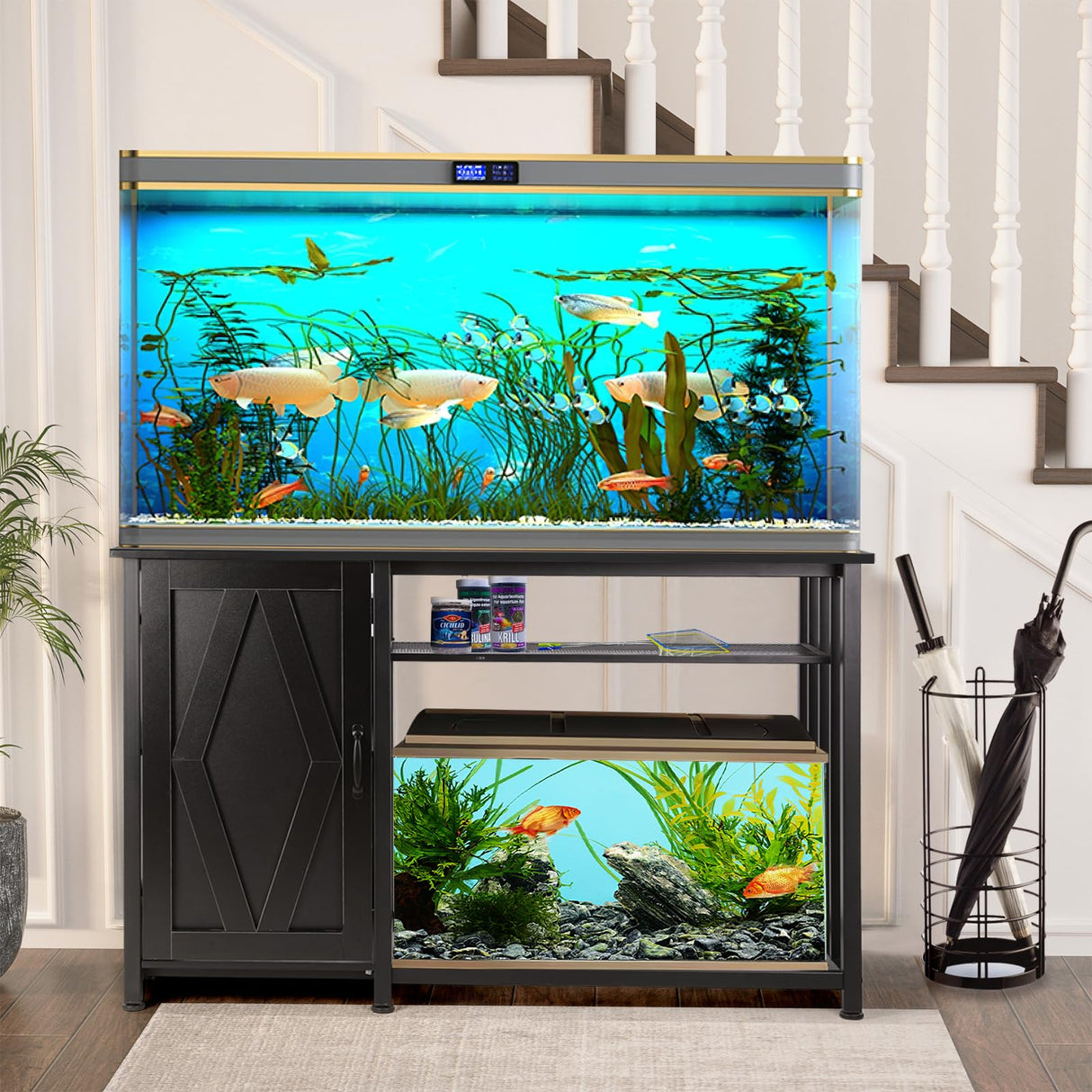 VOWNER 55-75 Gallon Fish Tank Stand, Aquarium Stand with Power Outlets, Cabinet for Fish Tank Accessories Storage, Heavy Duty Metal Frame, Suitable for Fish Tank, Turtle Tank, 1200LBS Capacity, Black VOWNER