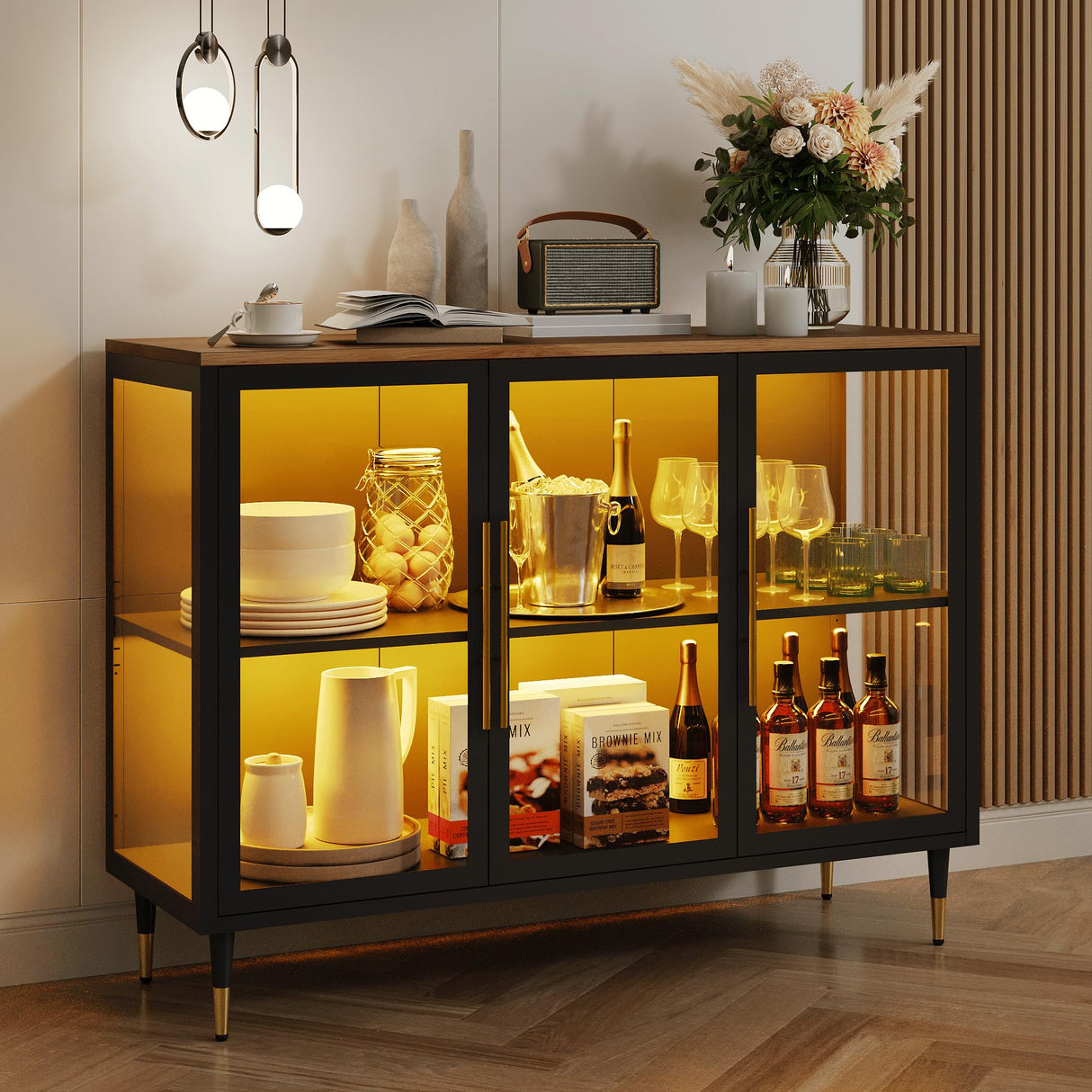 Foreate Glass Sideboard Buffet Cabinet with 13-Color Light, 47.2" Metal Wood Coffee Bar Cabinet with 3 Glass Doors & Adjustable Shelve, Modern Home Bar Credenzas for Home Kitchen Living Room, Black Foreate