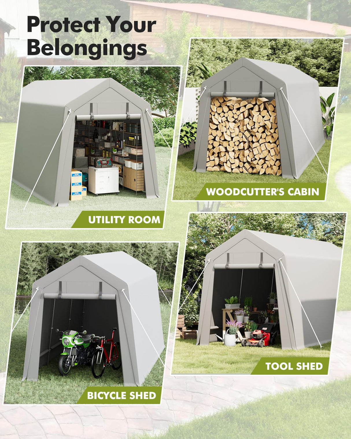 7 x 12 ft Portable Carport, Storage Shed with Heavy Duty Waterproof Tarp & 2 Roll-Up Zipper Doors, Ideal Tent for Motorcycles, Bikes, Garden Tools, and Firewood Hipicute
