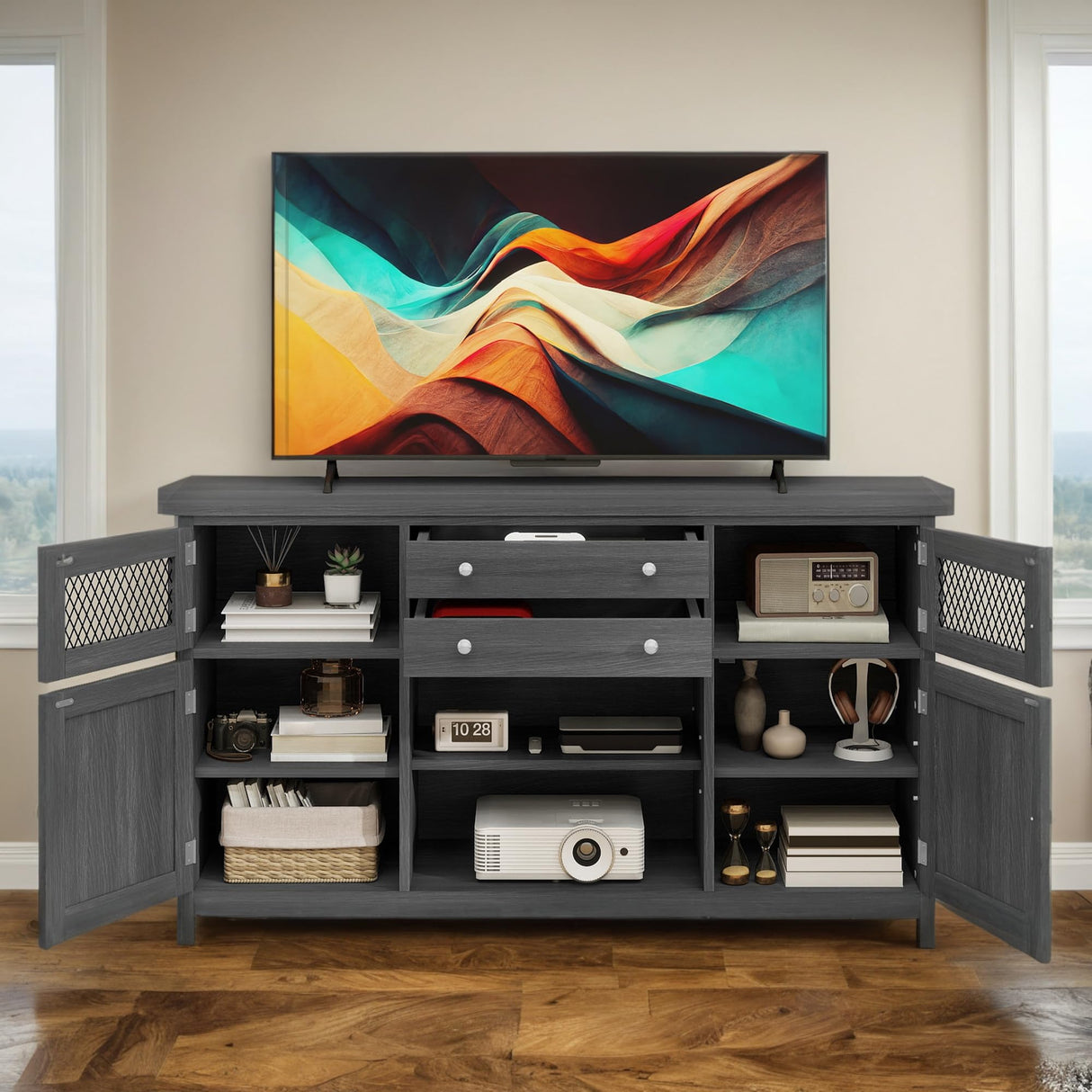 YITAHOME Farmhouse TV Stand for TVs up to 65", Entertainment Center with 2 Large Drawers & Visual Grid Door, 59" Rustic TV Media Console for Living Room, Dark Grey YITAHOME