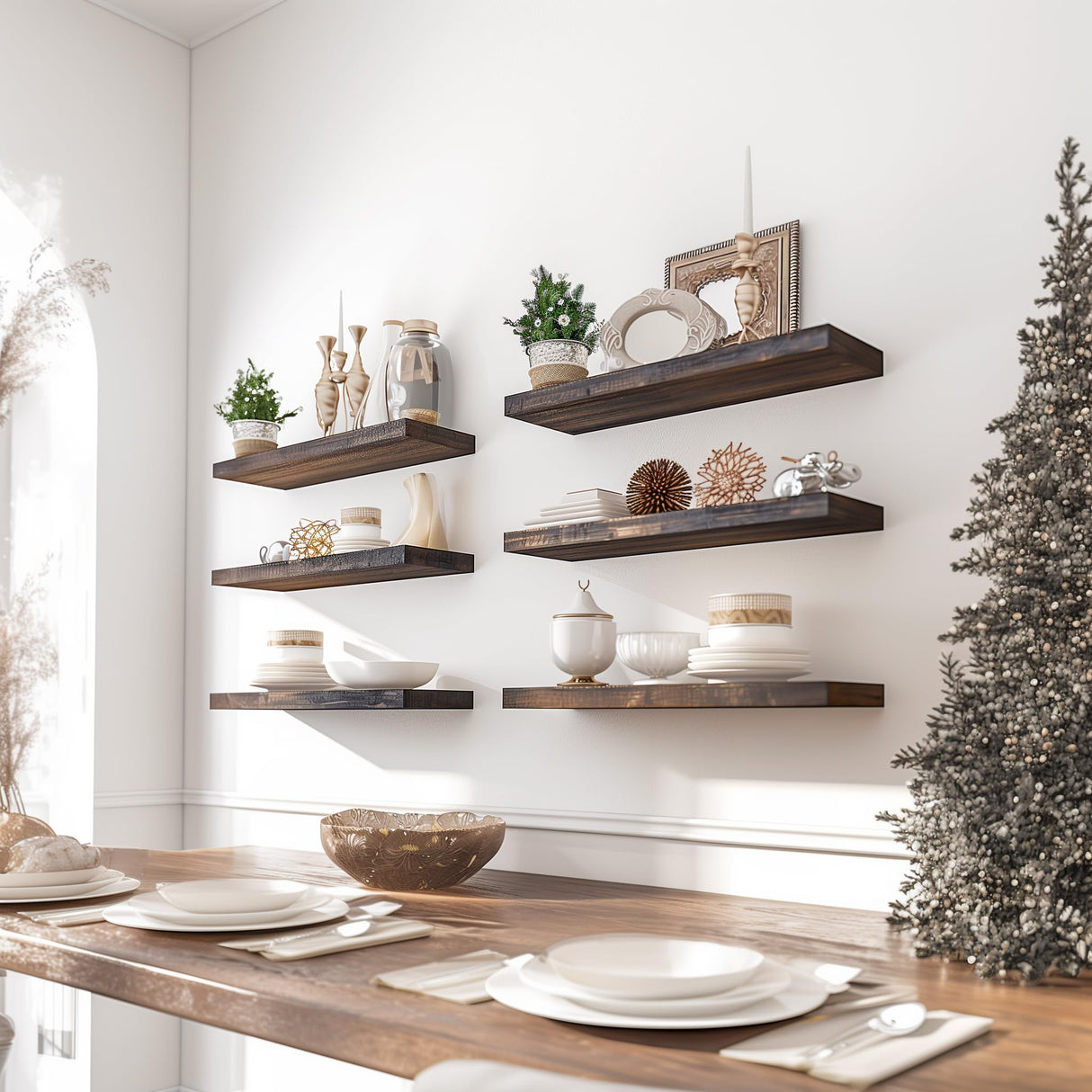 PHPH Wood Floating Shelves for Wall, Wooden Wall Shelves for Bedroom, Set of 6 Brown 17 Inch PHPH