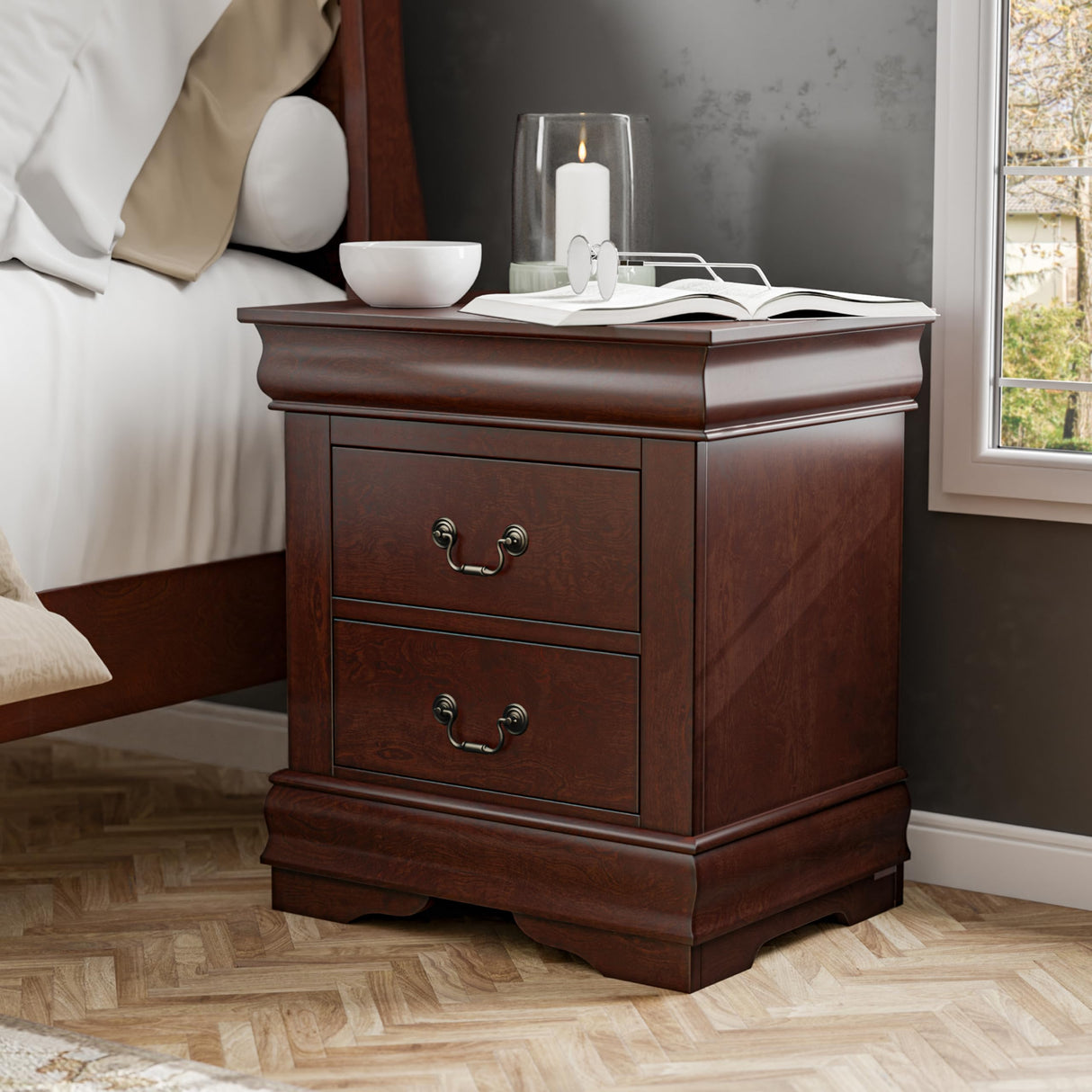 Furniture of America Arabella Traditional Solid Wood Nightstand with Drawers and Antique Nickle Handles, Small Bedside Table, No Assembly Wooden Night Stand for Bedroom, Guest Room, Dorm, Cherry Furniture of America
