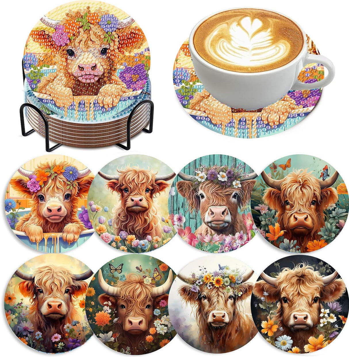 8 Pack Diamond Art Coasters Kits - Highland Cow Diamond Painting Coasters Kit Set with Holder Cork Pads, DIY Cow Diamonds Art Non Slip Coaster Crafts Kits for Adults Beginners Gifts mrpwnle