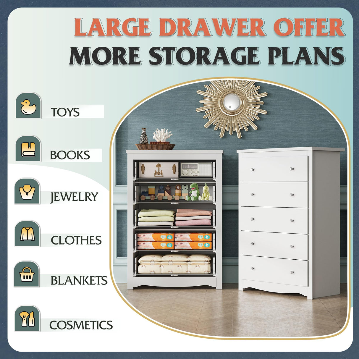 WLIVE White Wood Dresser with 5 Drawer, Cabinets Dressers Wood Dresser Cabinet, Organizer Drawers for Bedroom, Living, Hallway, Measuring 15.7" W*31.4" D*45.3" H WLIVE