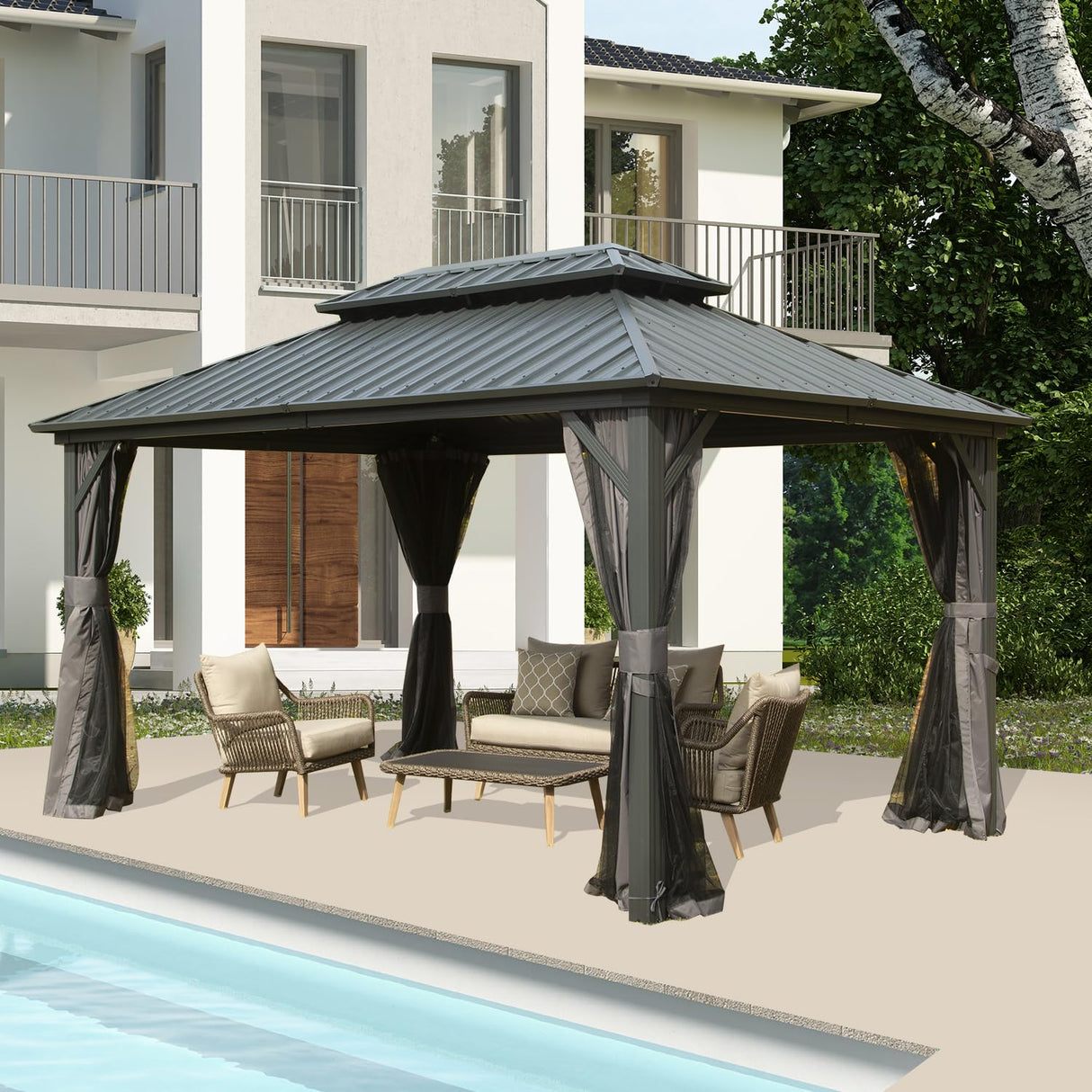 Domi 10x14FT Hardtop Gazebos, Aluminum Metal Gazebo with Galvanized Steel Double Roof Canopy, Curtain and Netting, Permanent Gazebo Pavilion for Patio, Backyard, Deck and Lawn, Grey domi outdoor living