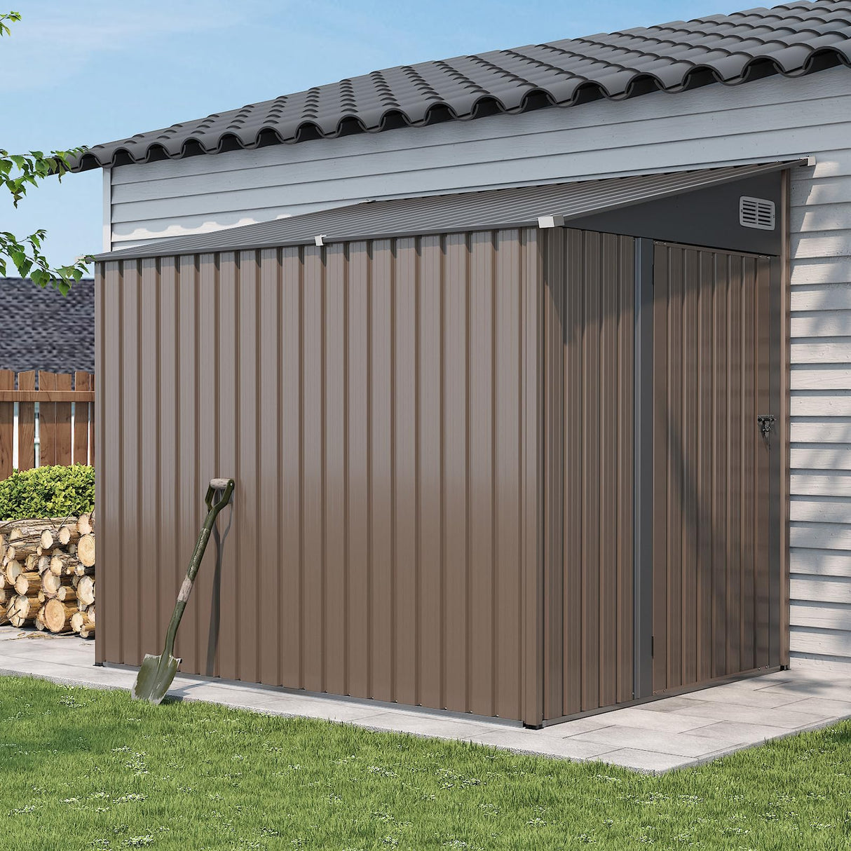 Aoxun 7x5 FT Lean to Shed Garden Metal Storage Shed with Lockable Doors Outdoor Bike Shed for Backyard, Patio, Poolside (Brown) Aoxun