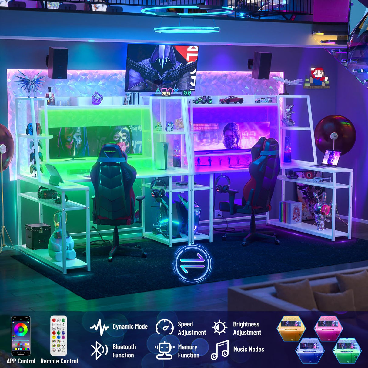 armocity L Shaped Gaming Desk with LED Lights & Power Strips, 63'' Reversible Gaming Table Desk with Hutch, L-shaped PC Gaming Desk with Storage, L Gamer Desk with Monitor Stand & Hook, White armocity