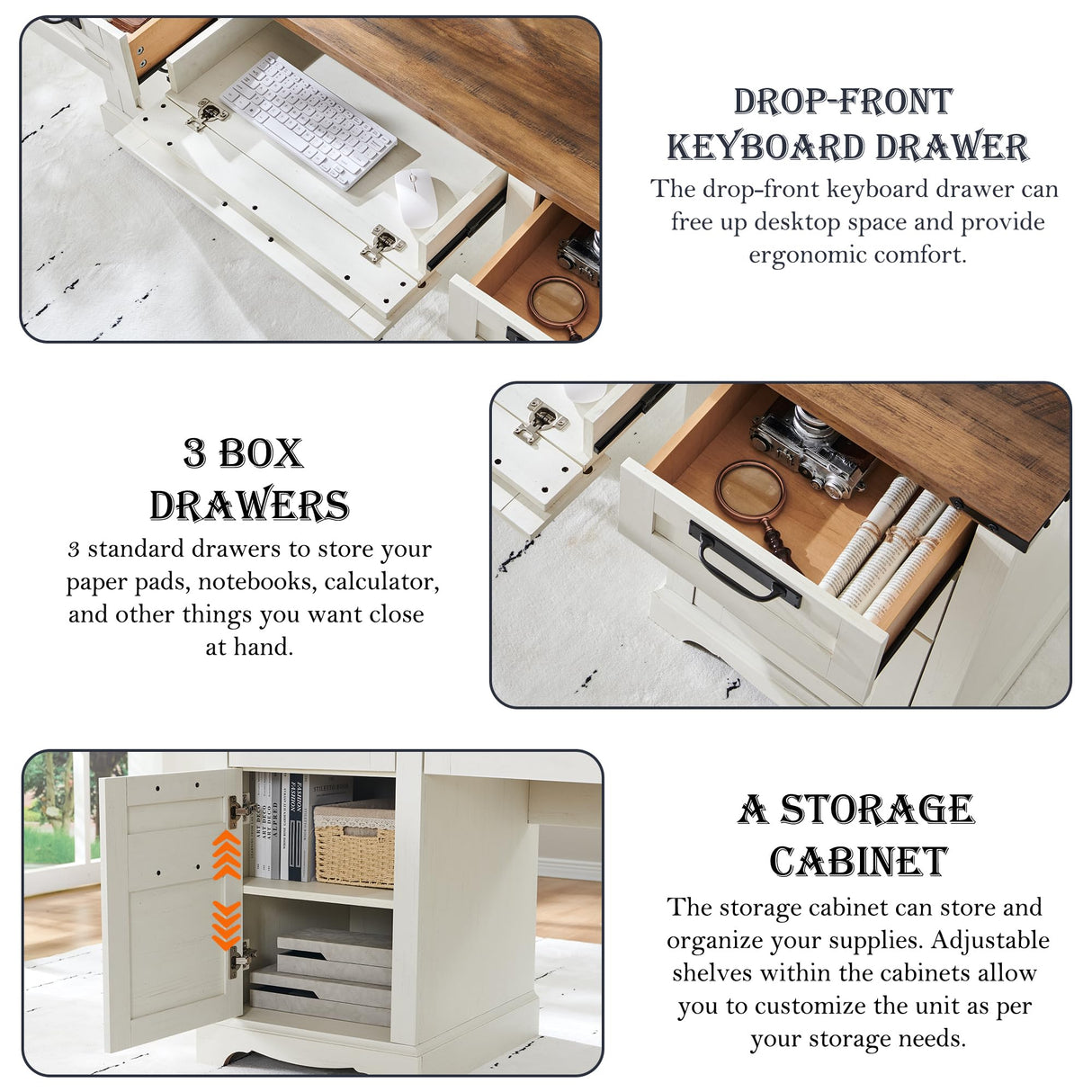 RedLemon 60" Farmhouse Desk with Hutch, Wood Home Office Executive Desk with Drawer, Charging Station, Keyboard Tray, File Drawer, Storage Cabinet, Rustic Writing Computer Desk (Antique White) RedLemon