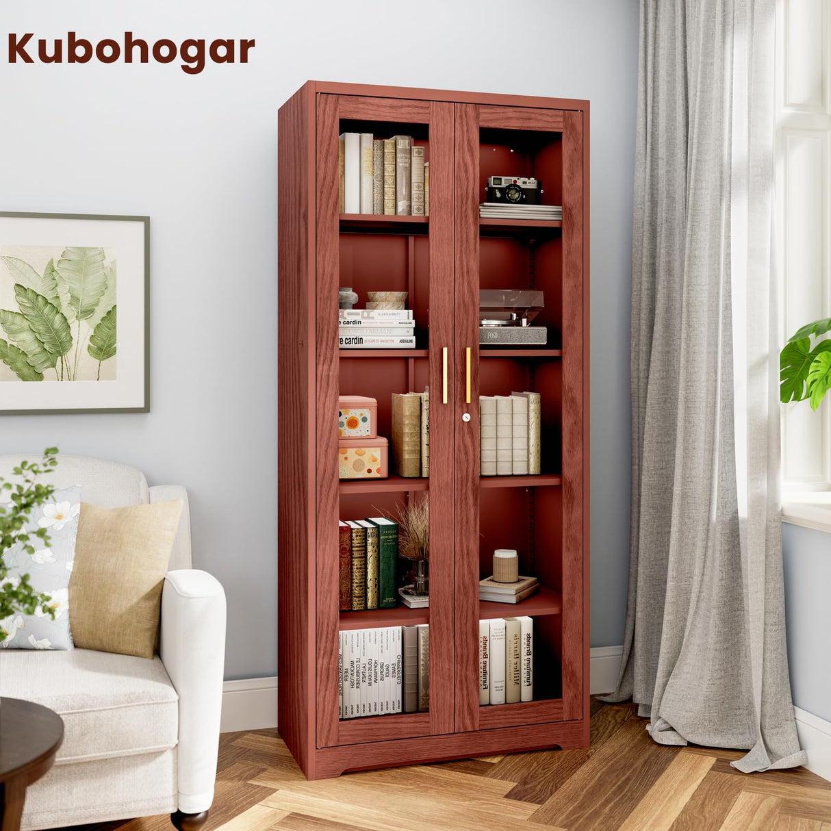 Kubohogar Display Cabinet with Glass Doors,71" Metal Curio Cabinets with 4 Adjustable Shelves, 5 Tier Display Case for Collectibles, Metal Storage Cabinet, Brown Kubohogar