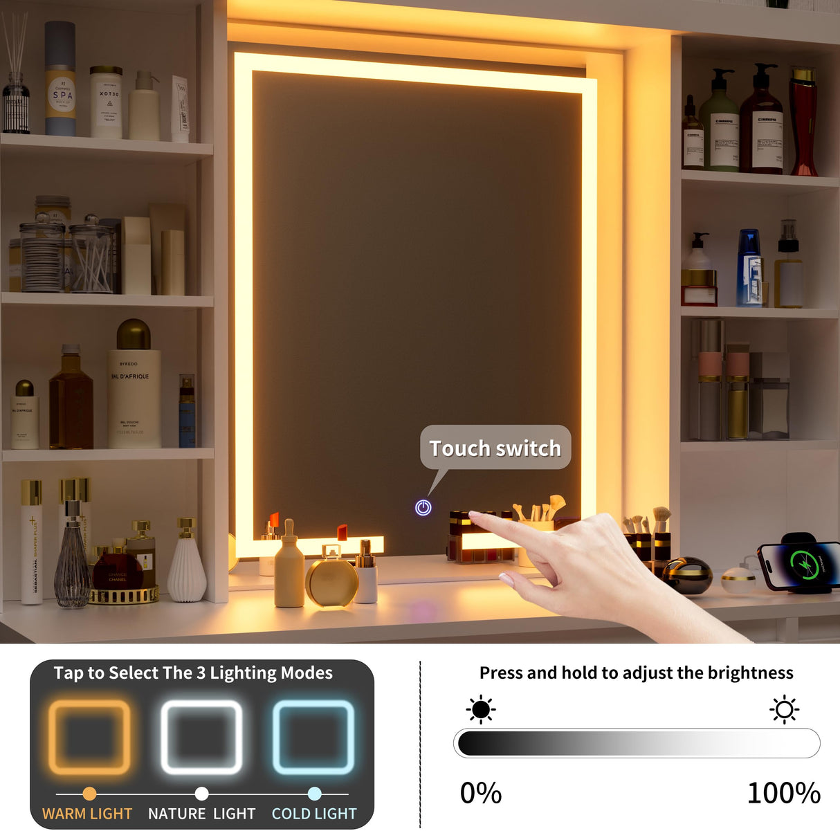 COWMOU Tall Vanity Desk with LED Mirror and RGB Lights Shelves, White Makeup Vanity with Power Outlet, Vanity Table with 5 Sliding Drawers & 2 Cabinets for for Bedroom and Dressing Room COWMOU