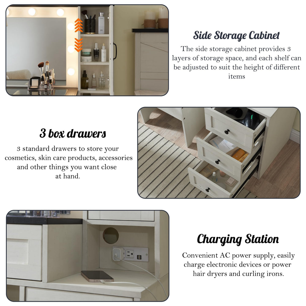 ACCOHOHO Farmhouse Vanity Desk with Mirror and Lights, 43" Wide Makeup Vanity with Glass Tabletop and Charging Station, Modern Vanity Table Set with Storage and Stool for Bedroom, Off White ACCOHOHO