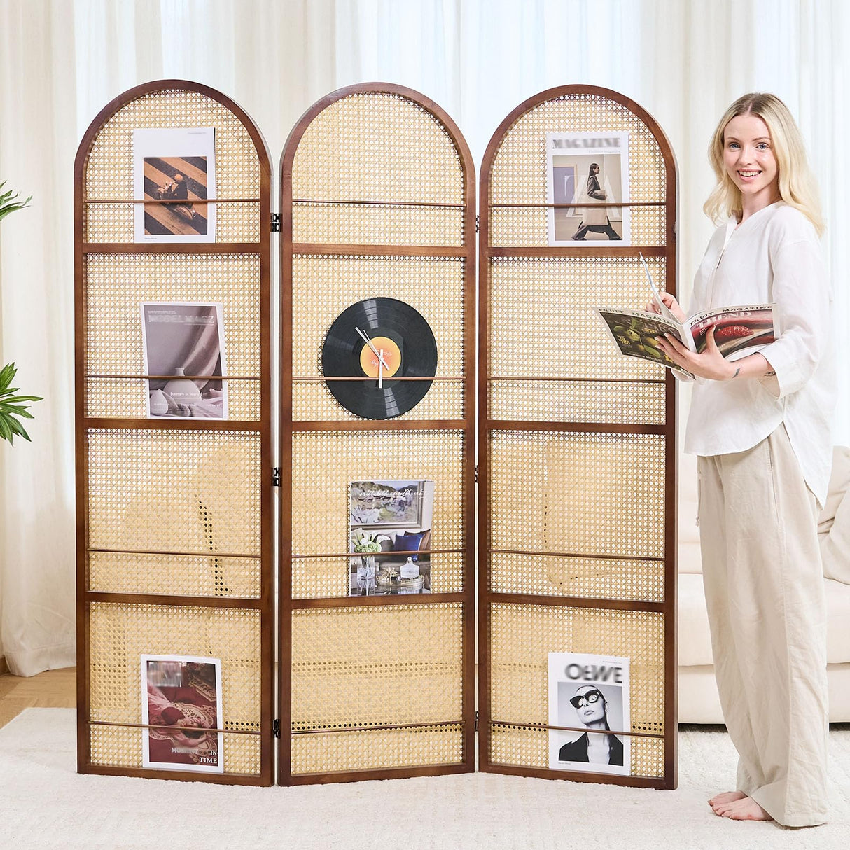 Rattan Room Divider with Bookshelf,Foldable Privacy Screen Partition,Wooden Frame,Natural Portable for Living Room,Bedroom Home,Office Reading Nook (Walnut, 3 Panels) Svimi