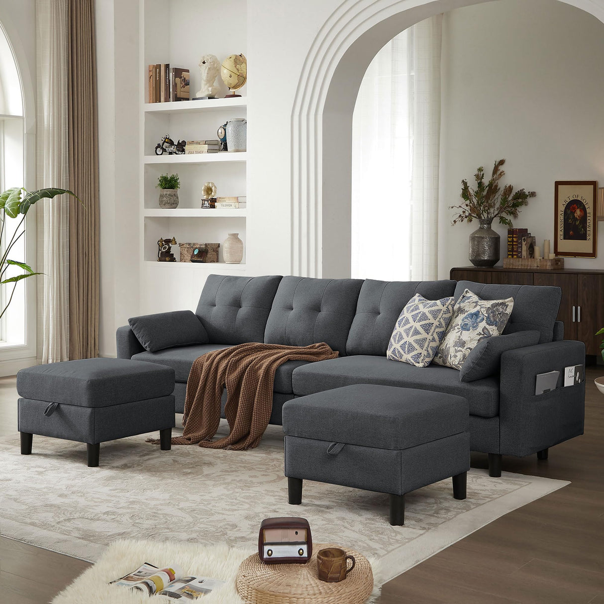 Portaforta Convertible Sectional Sofa Couch, 101" U Shaped Couch with Storage Chaise and Side Pocket, Modern Polyester 4-Seat Reversible Sofa Set for Living Room, Dark Grey Portaforta