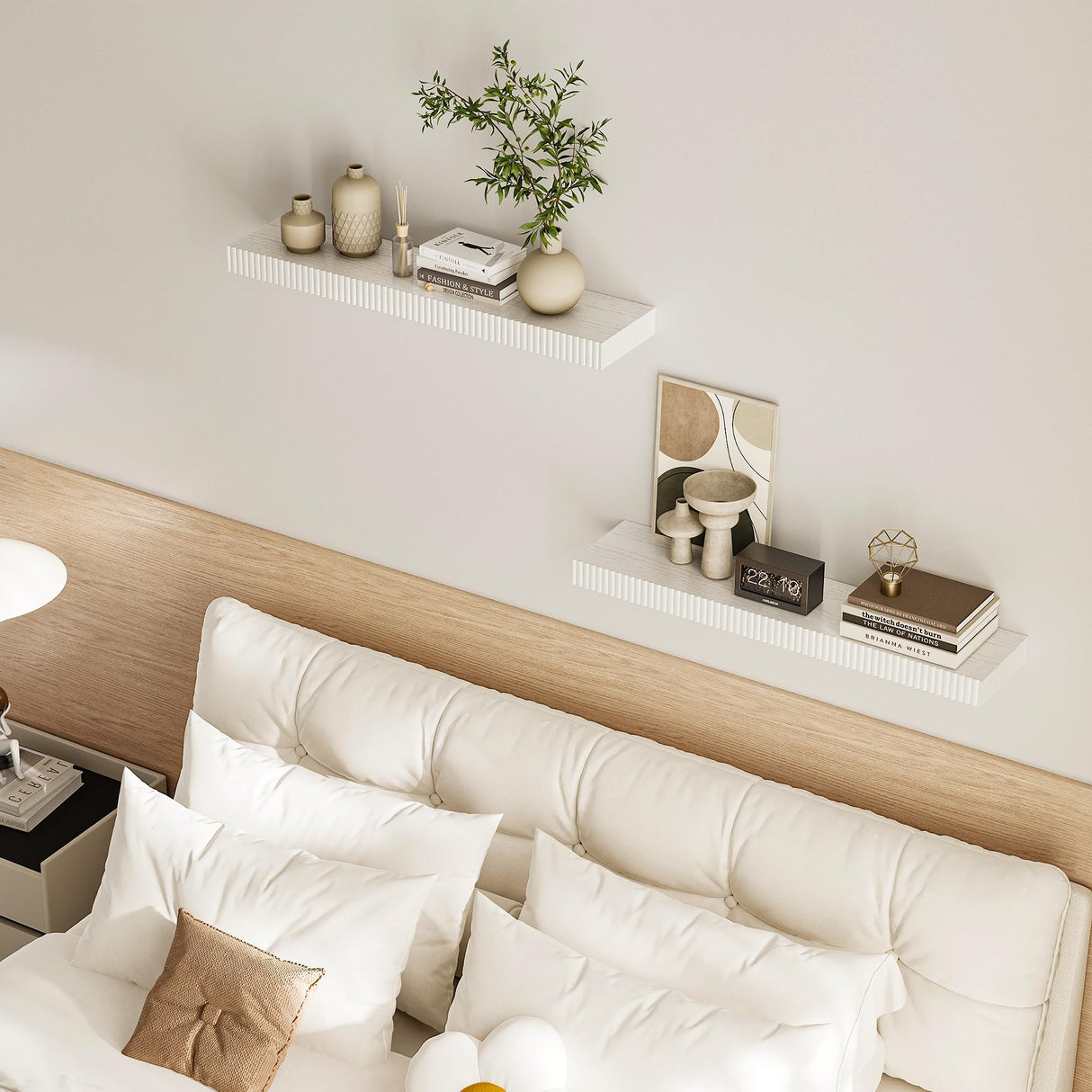 INNOD 24" Floating Shelves for Wall, Wall Mounted Wood Shelves for Bathroom, Bedroom, Living Room, Kitchen, Hanging Shelf with Invisible Brackets for Storage,Books,Home Decor (White,Set of 2) INNOD